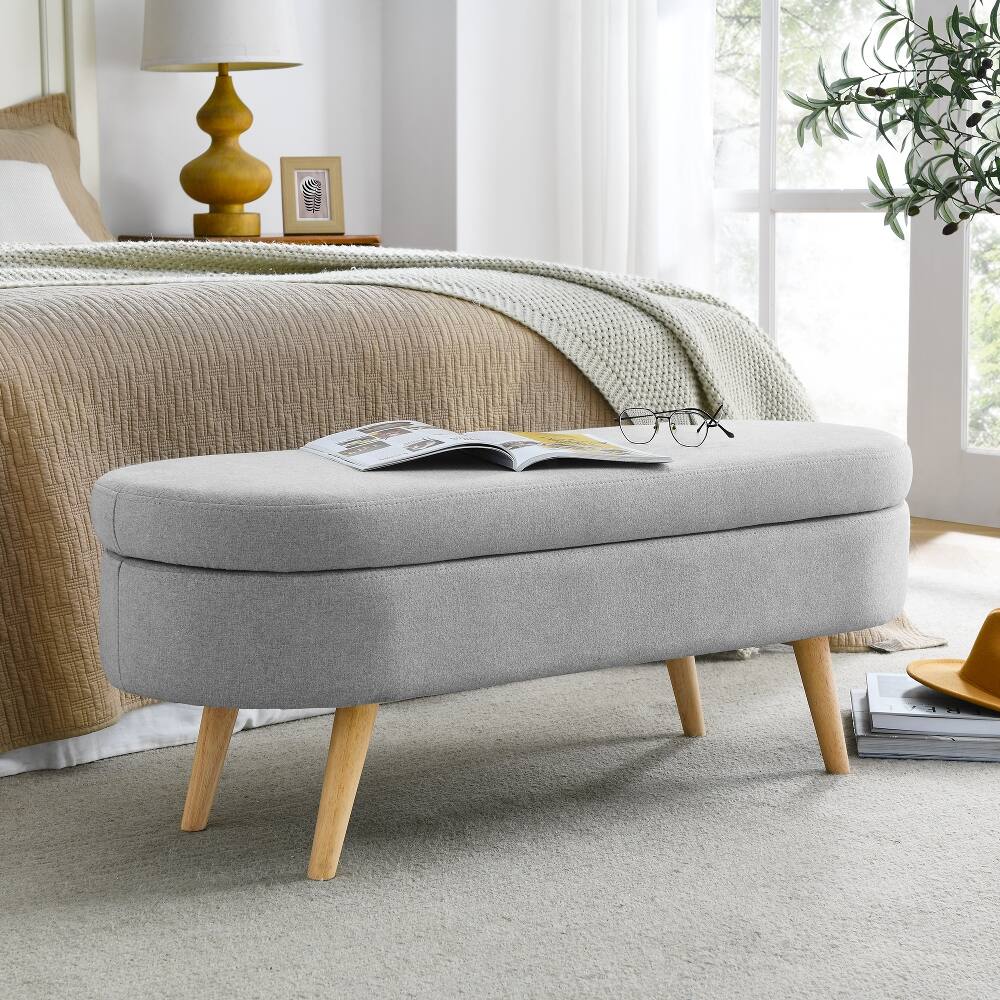 Angle. Ropilly - Ropilly Oval Storage Bench Grey Storage Ottoman with Rubber Wood Legs for Bedroom - Grey.