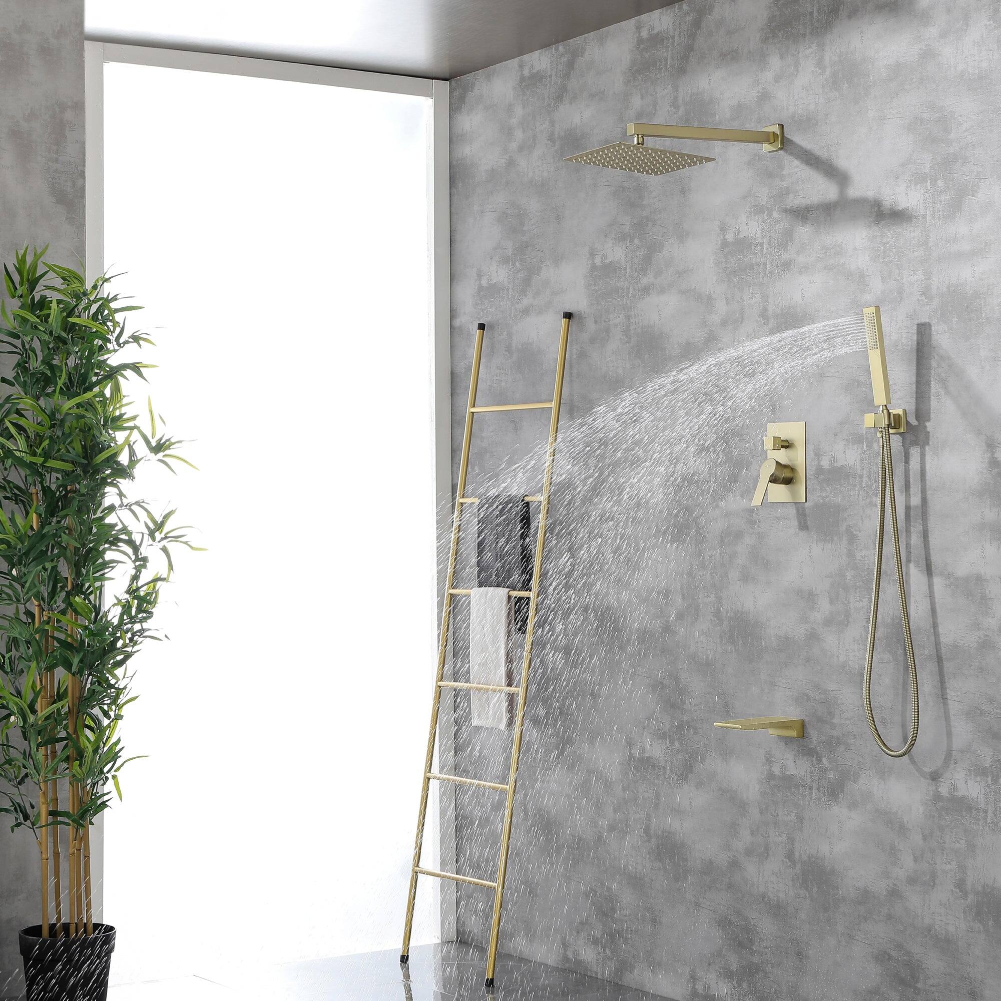 Back. Boyel Living - Wall Mount Single-Handle 1-Spray Tub and Shower Faucet with 10 in. Fixed Shower Head in Brushed Gold (Valve Included) - Brushed Gold.