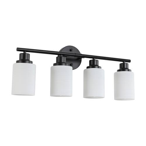 Alt View 2. LUCKY ONE - 24in Wall Mount Vanity Light, 4-Light Black Iron Sconce with Frosted White Glass Shades - Black.