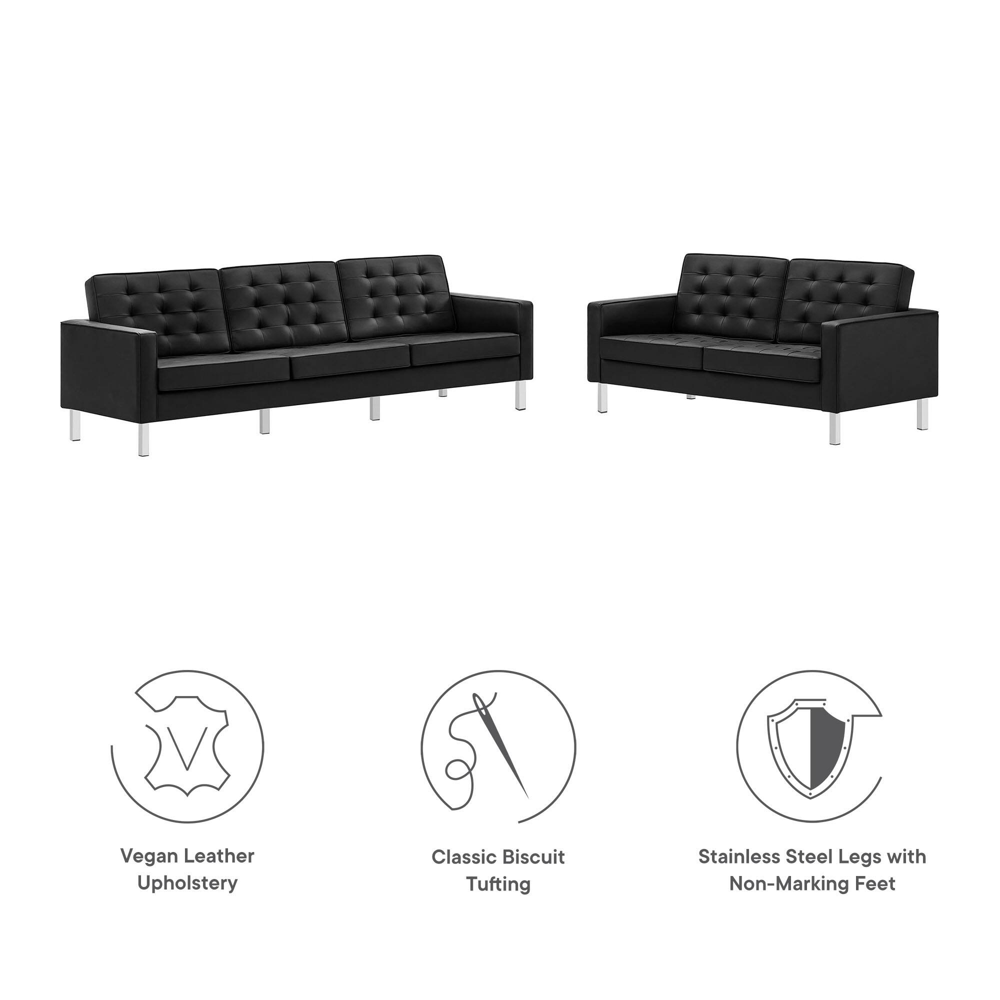 Vegan Leather Upholstery Classic Biscuit Tufting Stainless Steel Legs with Non-Marking Feet