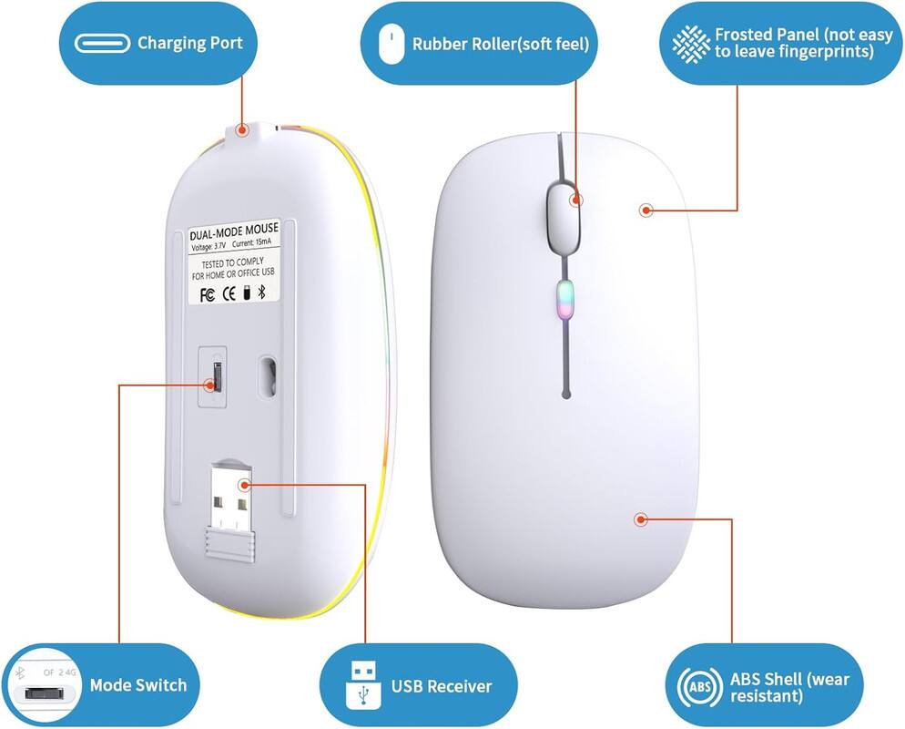 - Charging Port
- Rubber Roller (soft feel)
- Frosted Panel (not easy to leave fingerprints)
- DUAL-MODE MOUSE
  - Voltage: 3.7V
  - Current: 15mA
  - Tested to comply for home or office USB
  - FC CE
- Mode Switch
- USB Receiver
- ABS Shell (wear resistant)