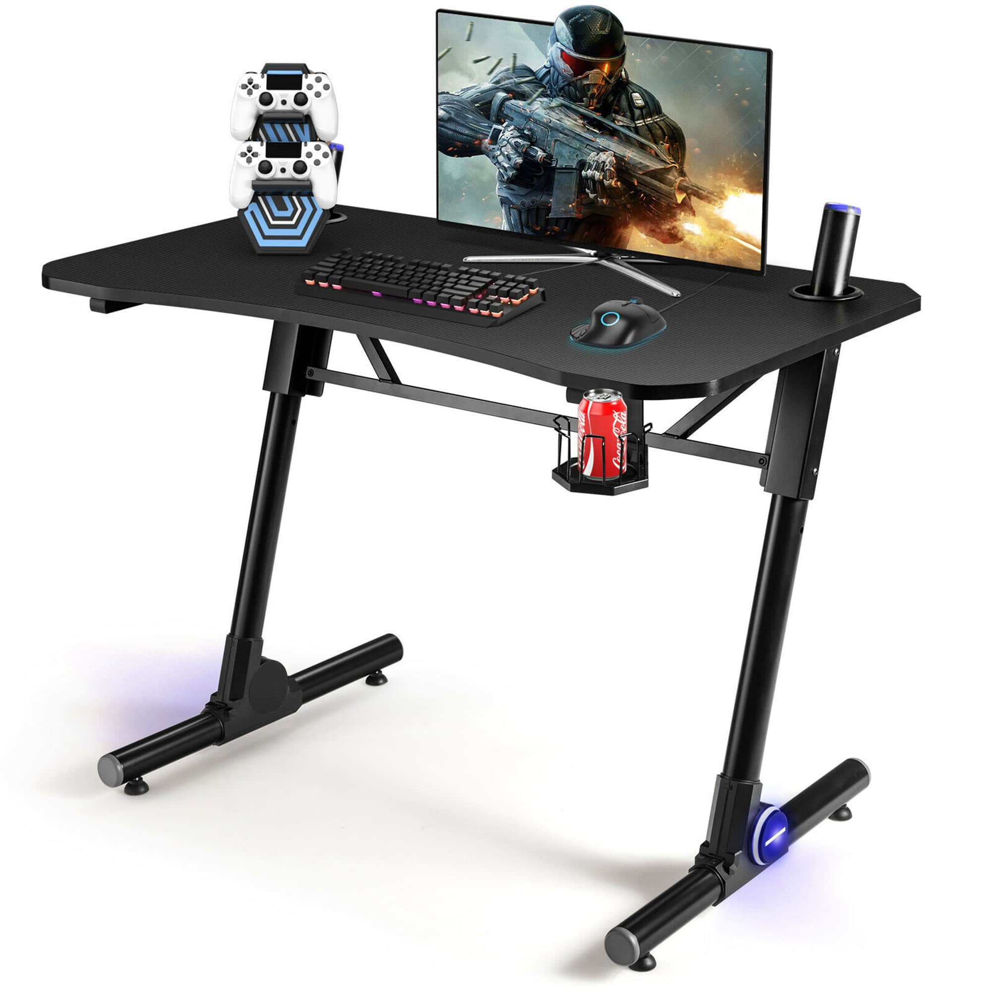 Costway - Gaming Computer Desk Height Adjustable w/ LED Light & Gaming Handle Rack - Black