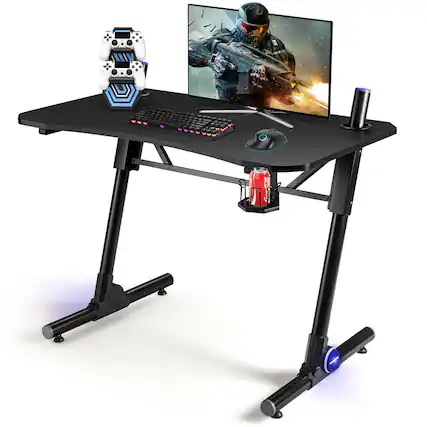 Front. Costway - Costway Gaming Computer Desk Height Adjustable w/ LED Light & Gaming Handle Rack - Black.