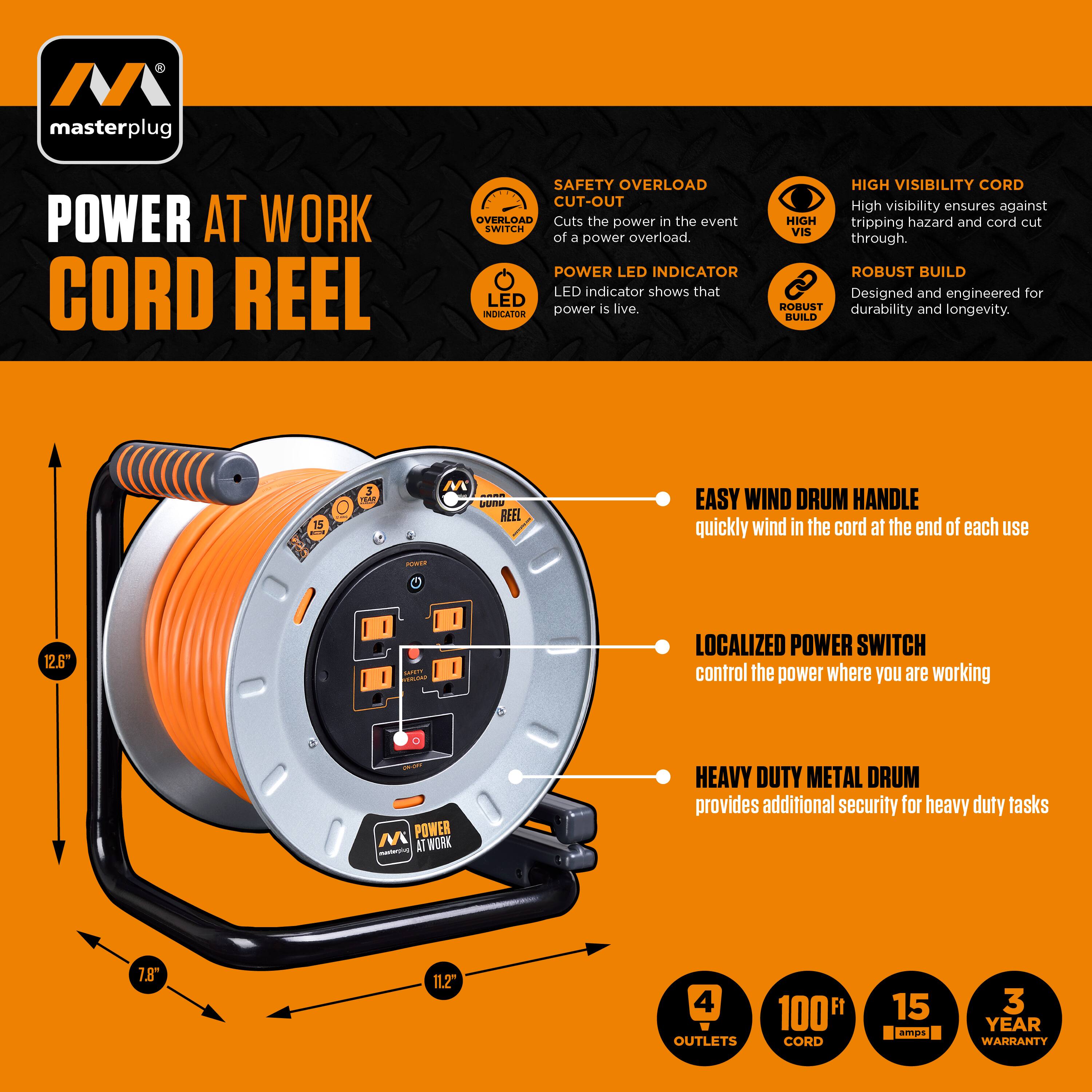 Alt View 15. Masterplug - 100Ft 4 Sockets 15A 12AWG Large Open Metal Reel - Metal & Orange.