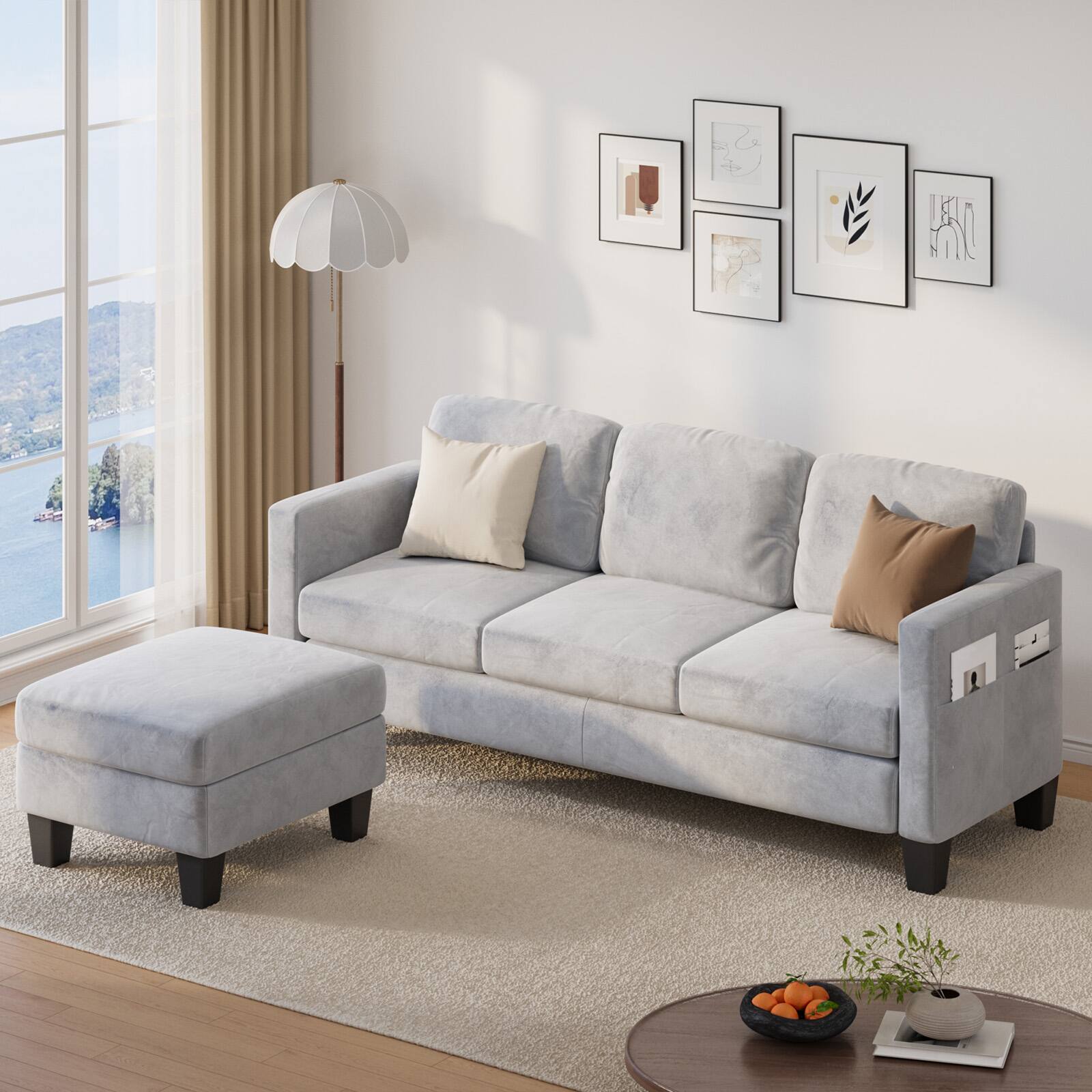 Angle. Pinmoco - PINMOCO - 67 inch Velvet L-Shaped Sofa Modular Sofa with Storage Reversible Ottoman Sectional Sofa for Small Space - Grey.