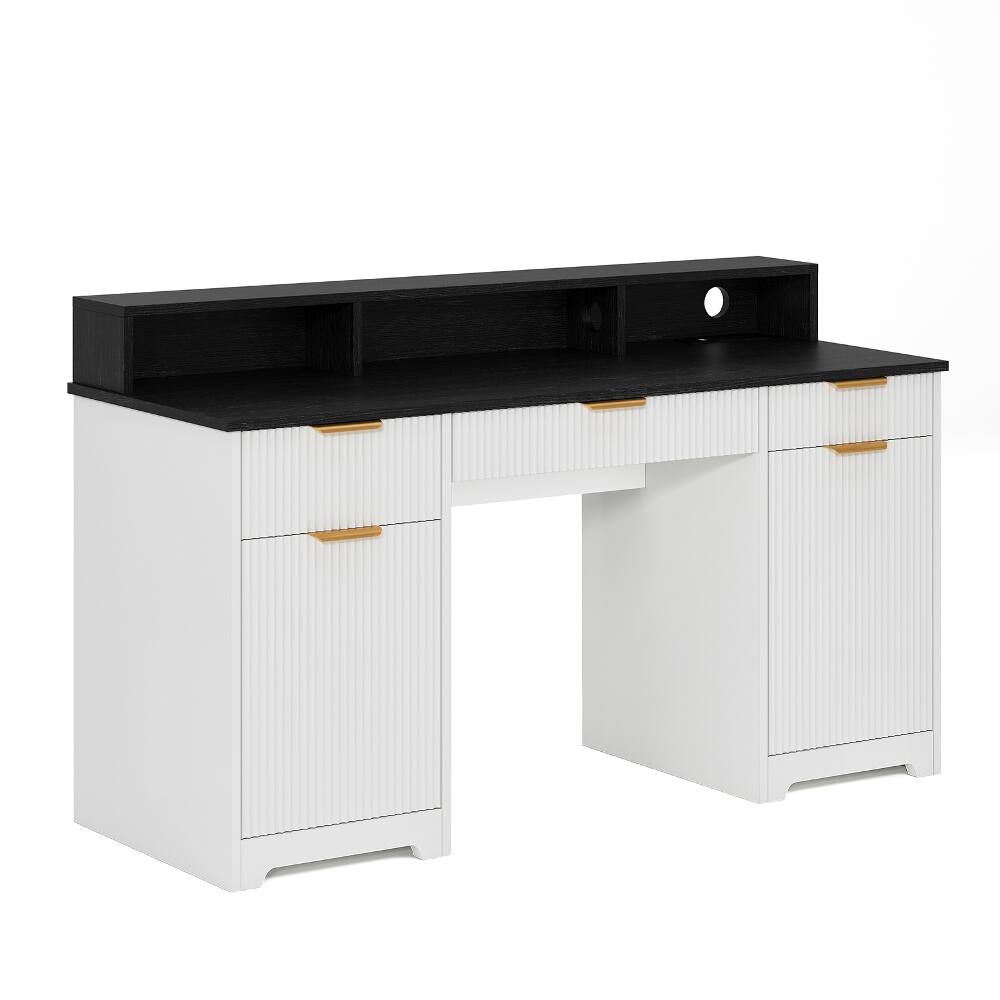 Alt View 2. Loheer - Loheer Executive Office Desk with Power Outlets and Monitor Stand, Writing Desk with Keyboard Drawer and File Cabinets - White.