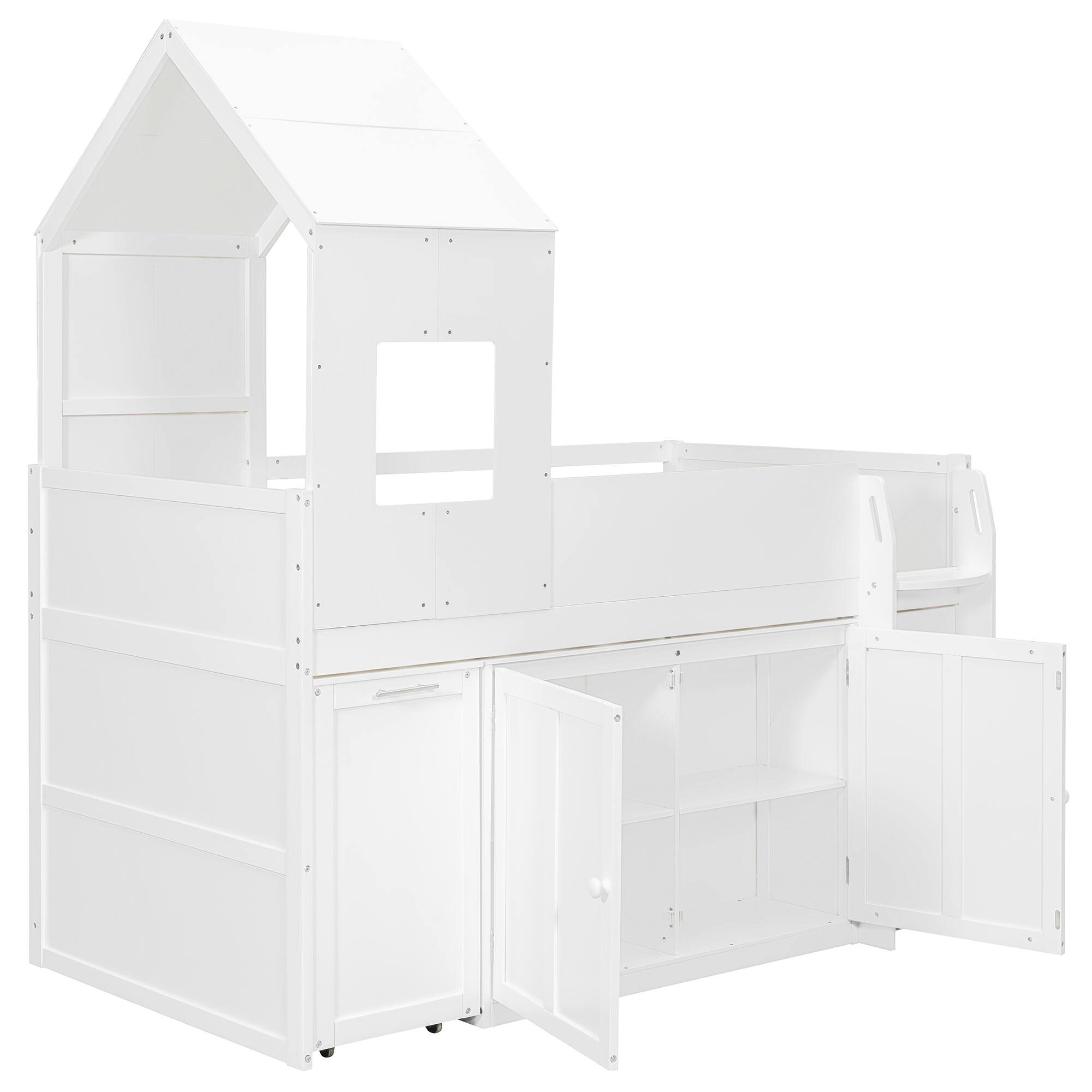 Back. Whisen - Twin Size Wooden Loft Bed with Pull-Out Desk and Cabinets for Kids Bedroom and Study - White.