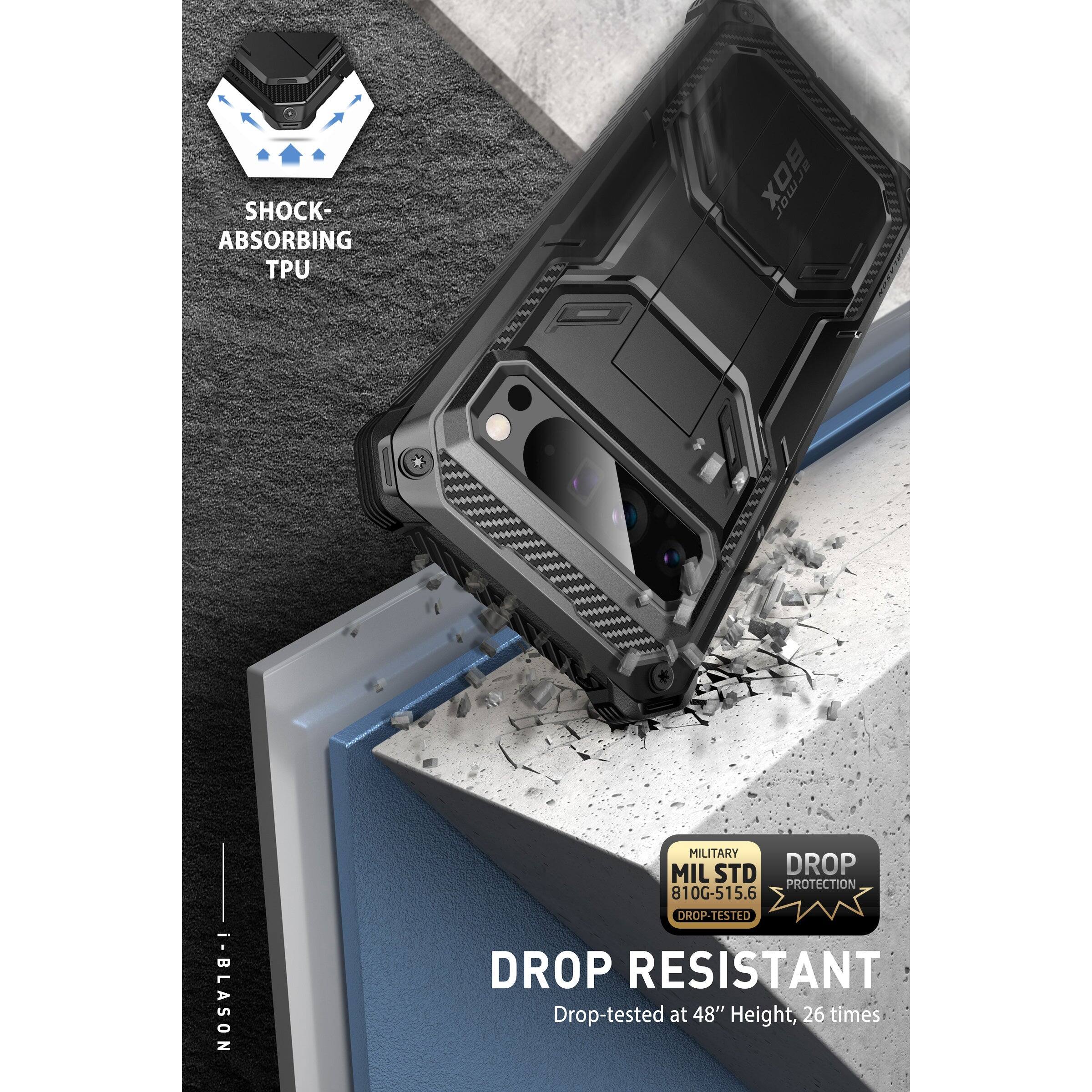 - SHOCK-ABSORBING TPU
- i-BLASON
- MILITARY MIL STD 810G-515.6 DROP PROTECTION
- DROP RESISTANT
- Drop-tested at 48" Height, 26 times