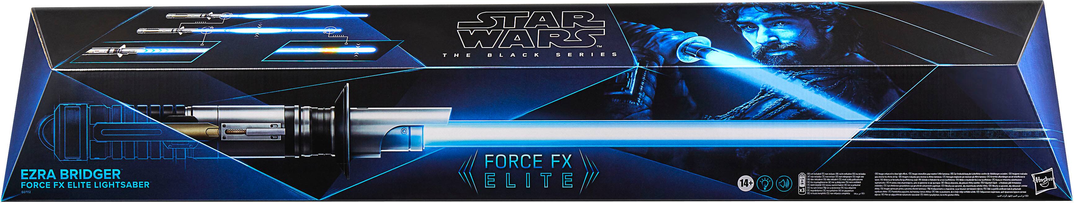 The Force FX Elite Lightsaber is a product from Star Wars: The Black Series. It features a blue lightsaber with a blue hilt, which is the signature weapon of the character Ezra Bridger. The lightsaber is designed with a high-quality construction and attention to detail, making it an ideal collectible for fans of the Star Wars franchise.