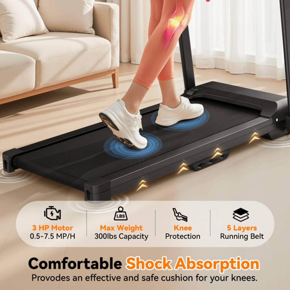 4 LBS 3 HP Motor 0.5-7.5 MP/H Max Weight 300lbs Capacity Knee Protection 5 Layers Running Belt Comfortable Shock Absorption Provides an effective and safe cushion for your knees.