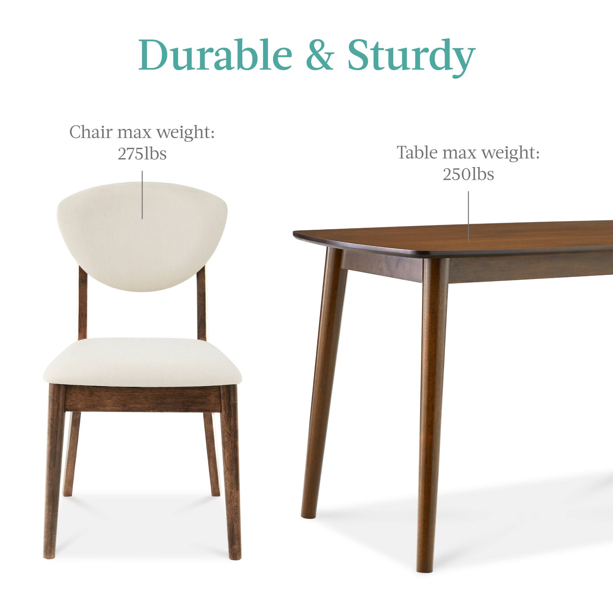 Durable & Sturdy

Chair max weight: 275lbs

Table max weight: 250lbs