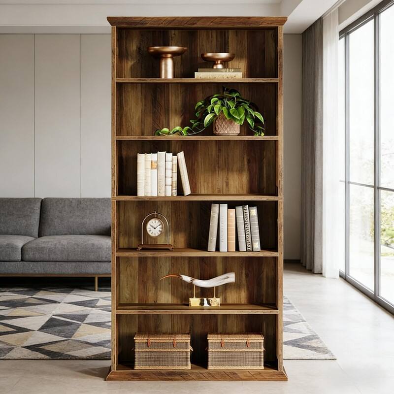 Alt View 2. HTUTWOO - 6-Tier Farmhouse Bookshelf, Spacious Display Shelf, Sturdy Storage Cabinet for Living Room Bedroom Home Office - Brown.