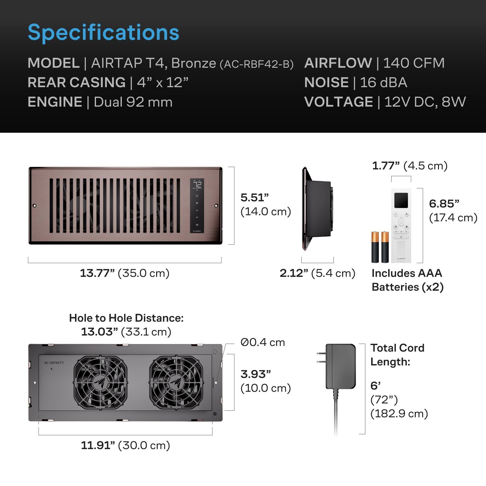 Specifications  
MODEL | AIRTAP T4, Bronze (AC-RBF42-B)  
AIRFLOW | 140 CFM  
REAR CASING | 4" x 12"  
NOISE | 16 dBA  
ENGINE | Dual 92 mm  
VOLTAGE | 12V DC, 8W  

1.77" (4.5 cm)  
5.51" (14.0 cm)  
6.85" (17.4 cm)  
13.77" (35.0 cm)  
2.12" (5.4 cm)  
Includes AAA Batteries (x2)  
Hole to Hole Distance: 13.03" (33.1 cm)  
0.4 cm  
3.93" (10.0 cm)  
Total Cord Length: 6' (72") (182.9 cm)  
11.91" (30.0 cm)