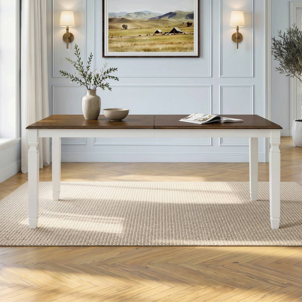 Angle. Loheer - Loheer Extendable Dining Table, Oak Veneer Top, Modern Farmhouse Table for Four to Six - Brown top and beige base.