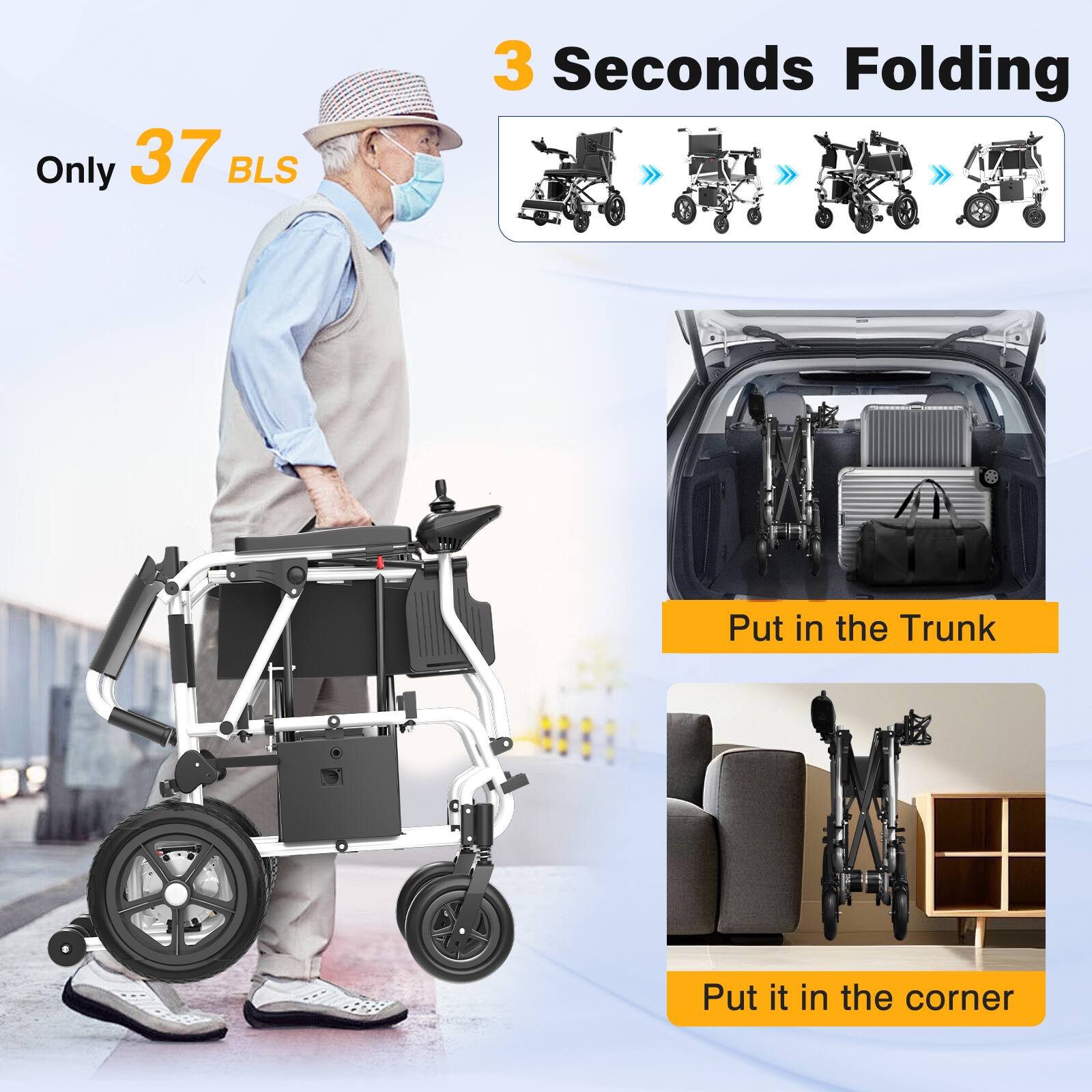 Only 37 BLS  
3 Seconds Folding  
Put in the Trunk  
Put it in the corner