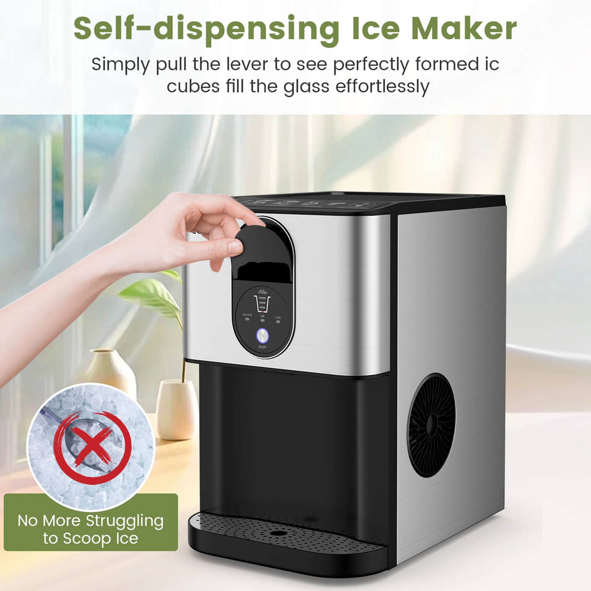 Self-dispensing Ice Maker: Simply pull the lever to see perfectly formed ice cubes fill the glass effortlessly. No more struggling to scoop ice.