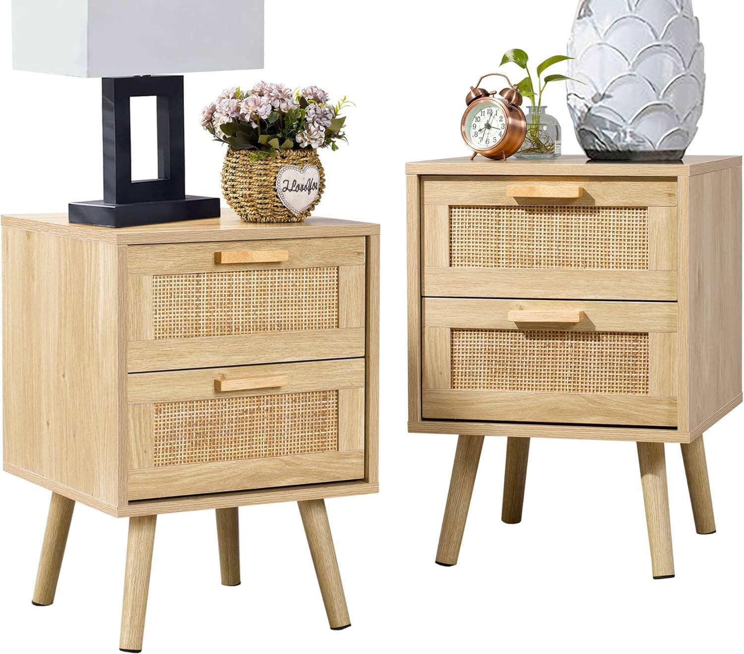 Front. Finnhomy - Finnhomy Nightstand Set of 2 – Natural Rattan Bedside Tables with 2 Drawers Each, 2-Pack - Natural.