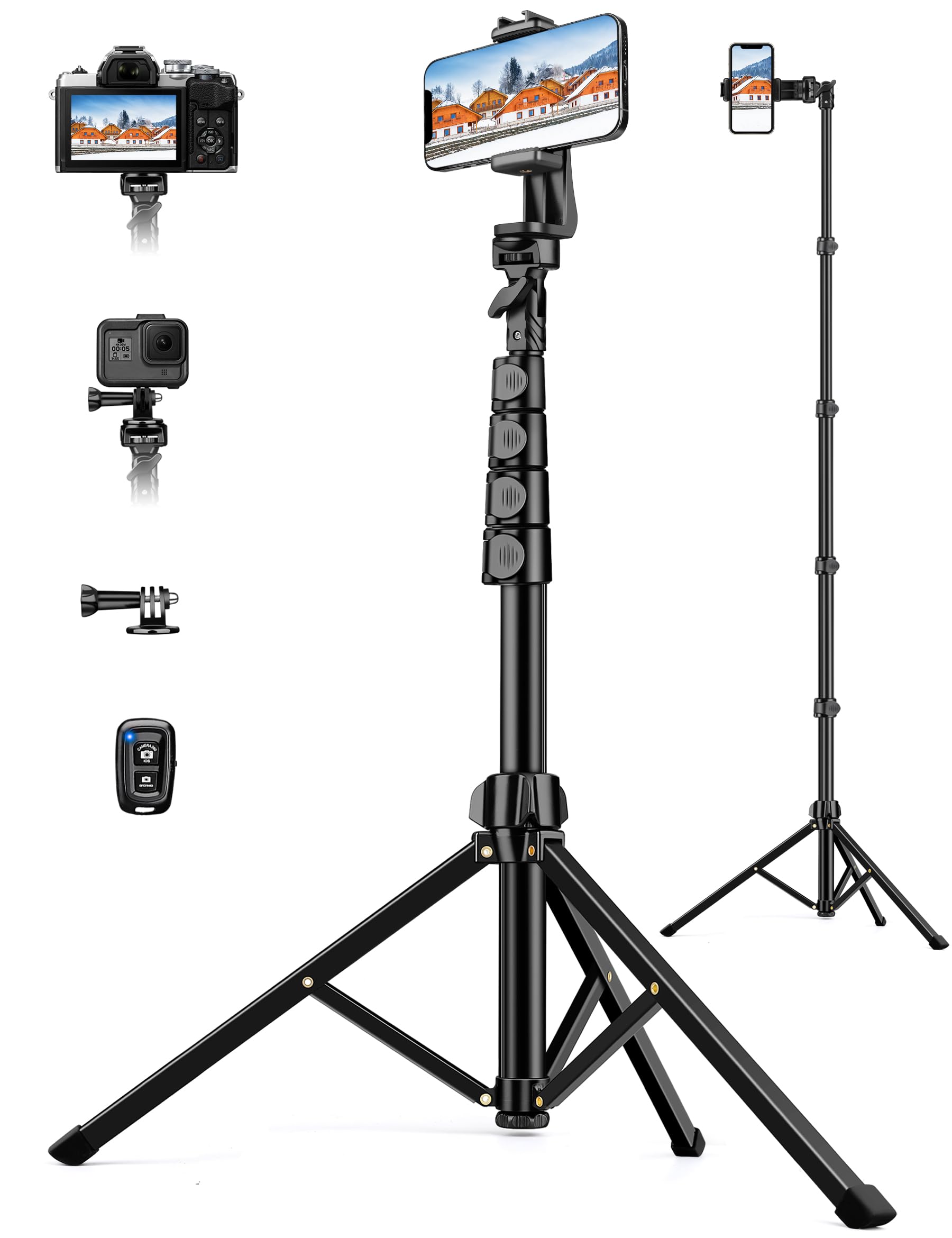 The text on the image is not clearly visible, but based on the context and common product descriptions, it might include details about the tripod and accessories. Here is a possible grouping and correction of the text:

---

**Product Description:**

- **Tripod:** Adjustable height, sturdy build, suitable for cameras, smartphones, and action cameras.
- **Accessories Included:**
  - Camera mount
  - Smartphone holder
  - Action camera mount
  - Remote control

---

This text is inferred from the image and typical product descriptions for such items.