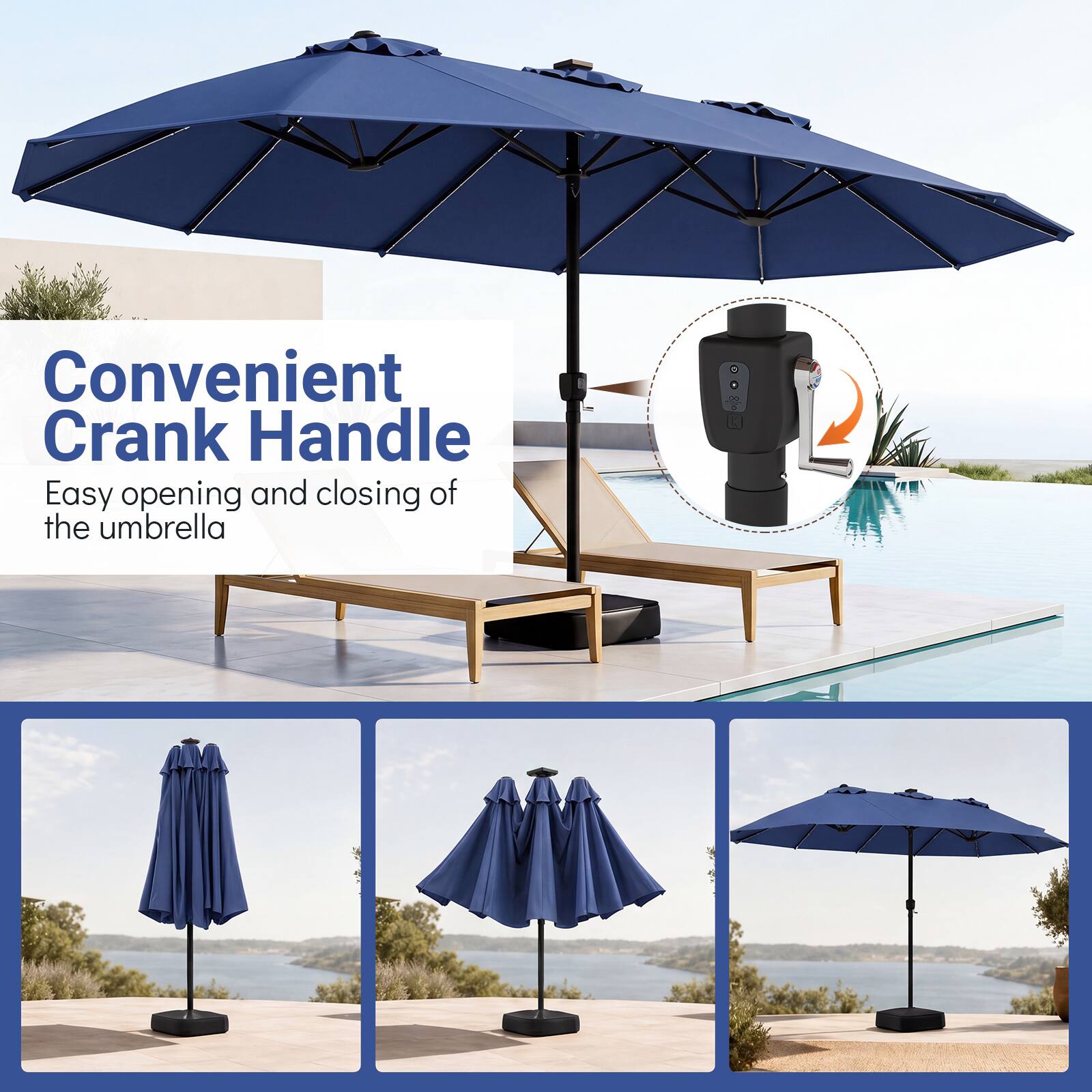 Convenient Crank Handle  
Easy opening and closing of the umbrella