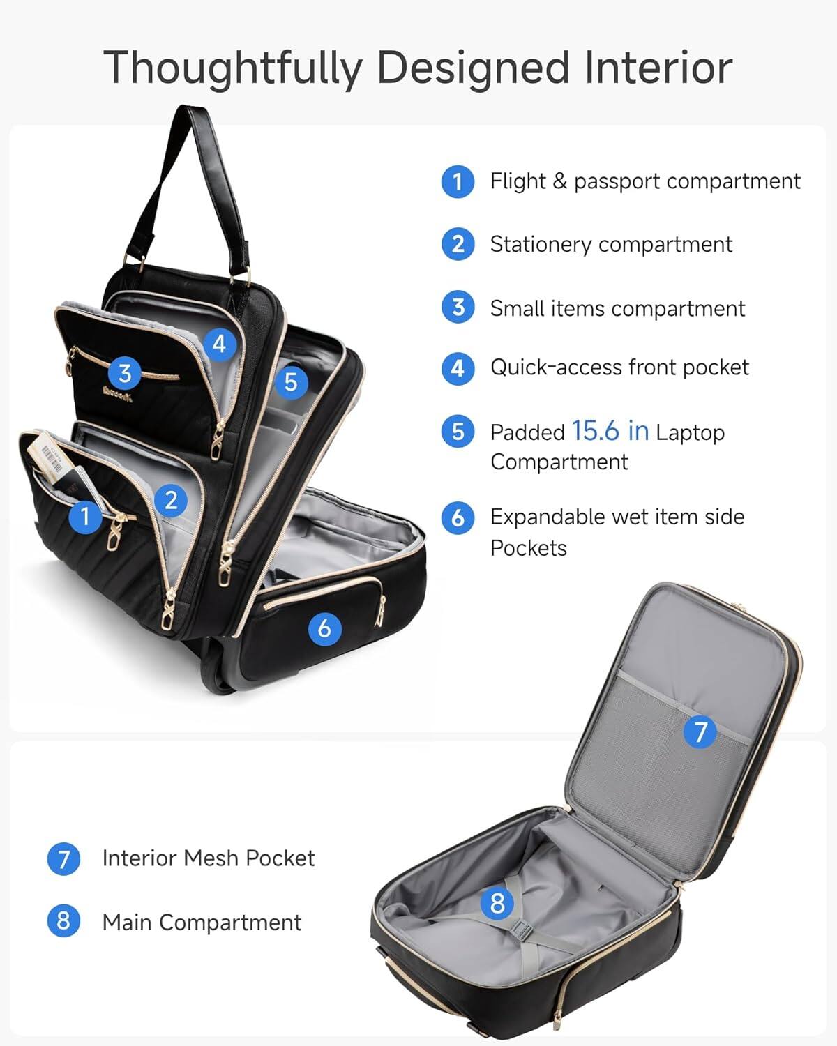 Thoughtfully Designed Interior

1. Flight & passport compartment
2. Stationery compartment
3. Small items compartment
4. Quick-access front pocket
5. Padded 15.6 in Laptop Compartment
6. Expandable wet item side Pockets
7. Interior Mesh Pocket
8. Main Compartment