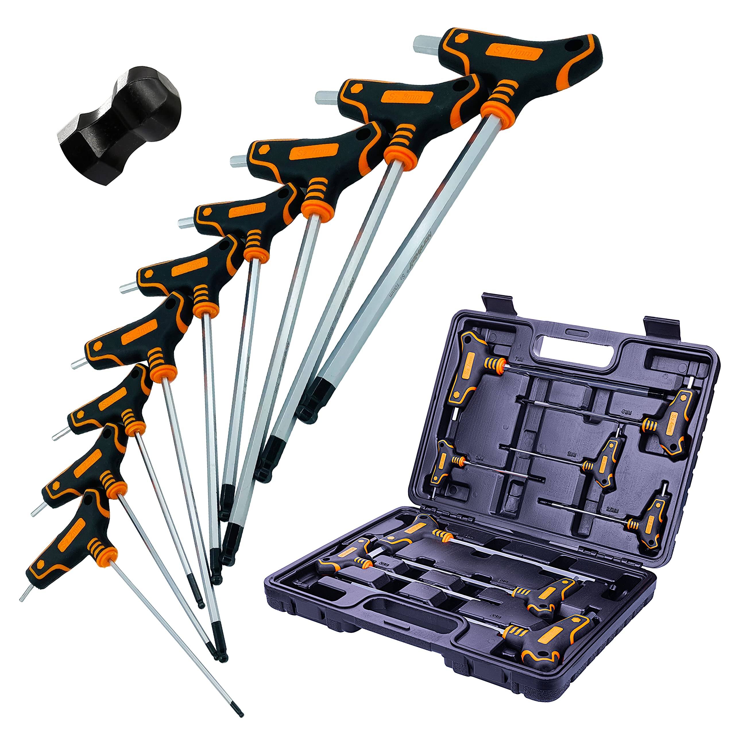 Front. JETRANSPORT - 9-piece T-handle Sae Allen Wrench Set S2 Steel Long Arm Ball End Hex Keys Sizes 5/64" To 3/8" In Storage - Metric Allen Ball End.