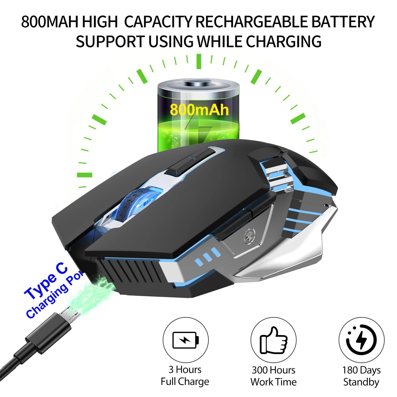800MAH HIGH CAPACITY RECHARGEABLE BATTERY  
SUPPORT USING WHILE CHARGING  

800mAh  

Type C Charging Port  

3 Hours Full Charge  
300 Hours Work Time  
180 Days Standby