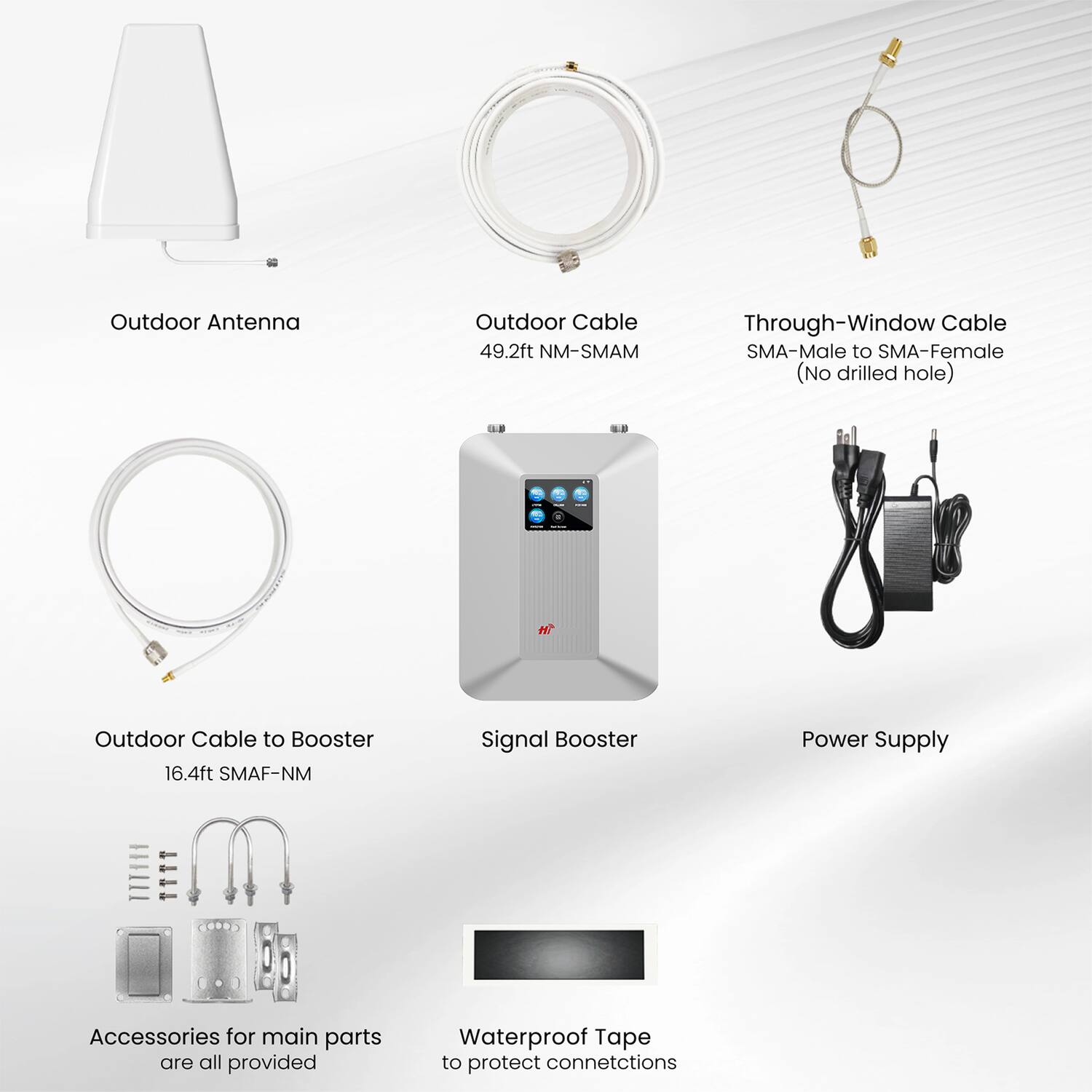 Outdoor Antenna  
Outdoor Cable 49.2ft NM-SMAM  
Through-Window Cable SMA-Male to SMA-Female (No drilled hole)  
Outdoor Cable to Booster 16.4ft SMAF-NM  
Signal Booster  
Power Supply  
Accessories for main parts are all provided  
Waterproof Tape to protect connections