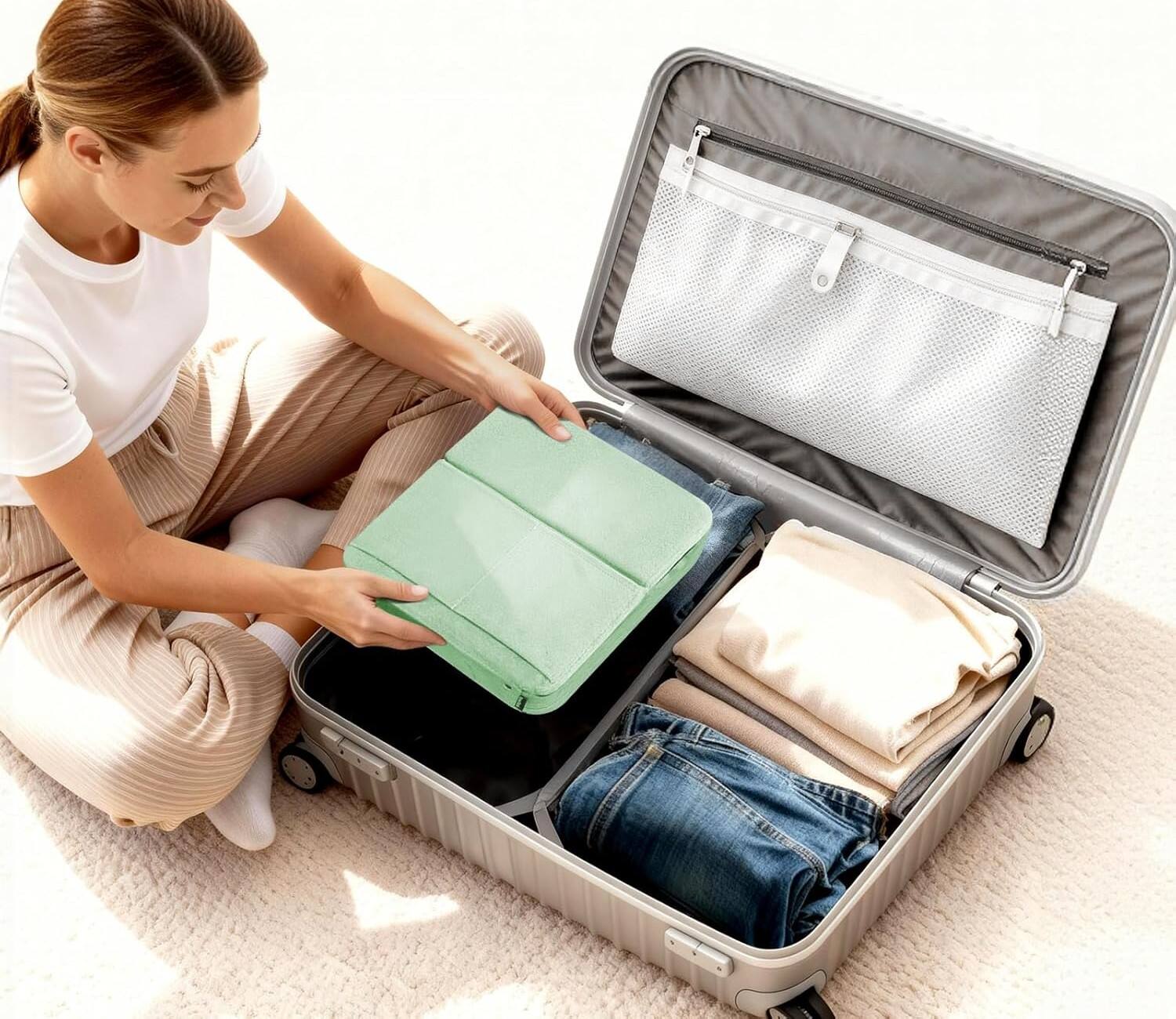 Alt View 4. FINEAK - Foldable Tablet Pillow Stand with Storage for All Devices - Green.