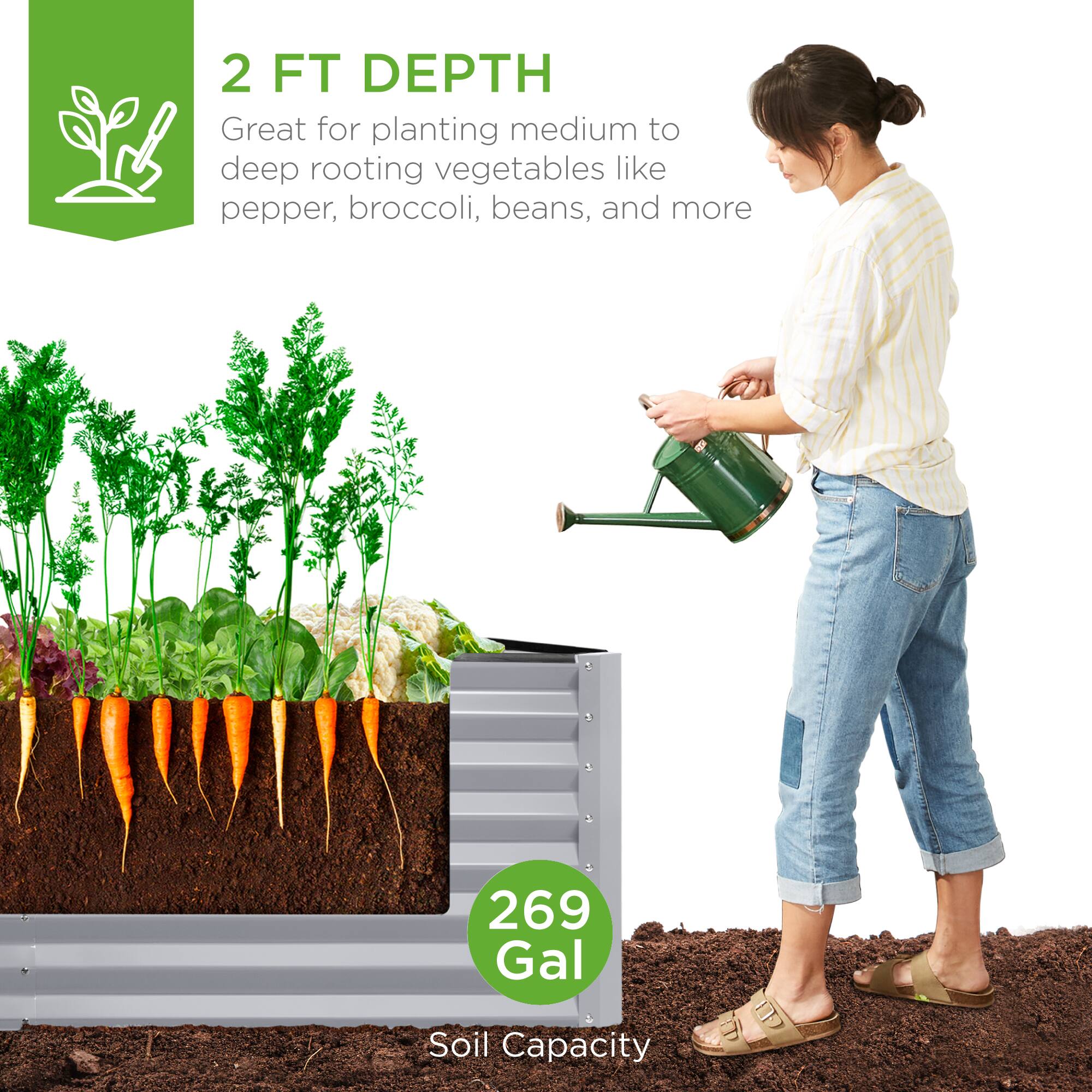 2 FT DEPTH  
Great for planting medium to deep rooting vegetables like pepper, broccoli, beans, and more  

269 Gal  
Soil Capacity