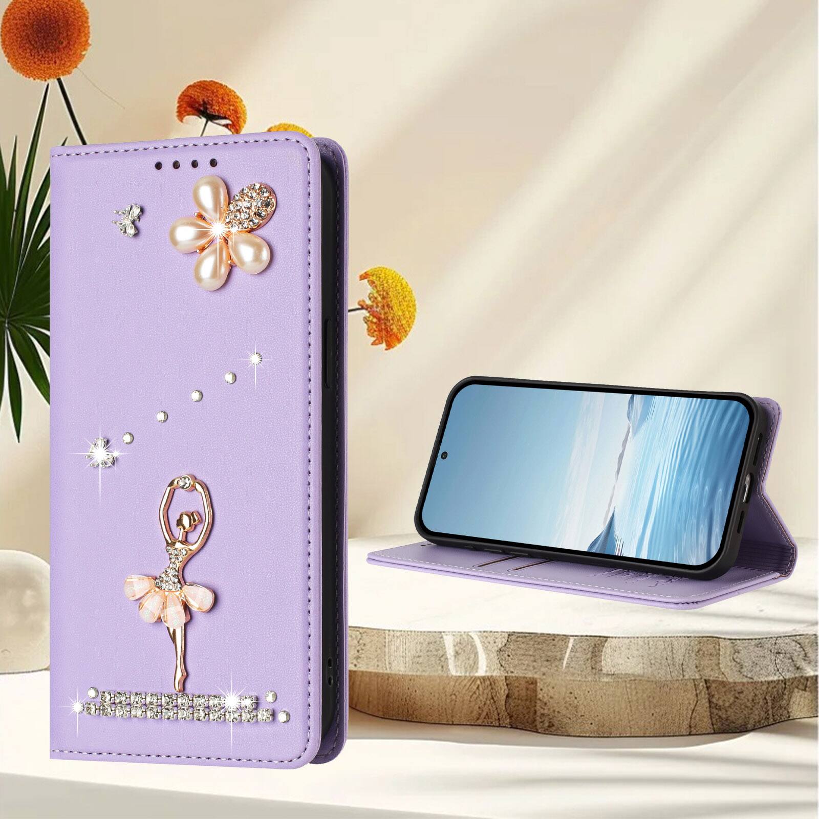 Alt View 1. Dteck - 3D Bling Ballerina Wallet Case for Apple iPhone 17 Pro, RFID Blocking PU Leather Flip Cover with Card Slots - Purple.