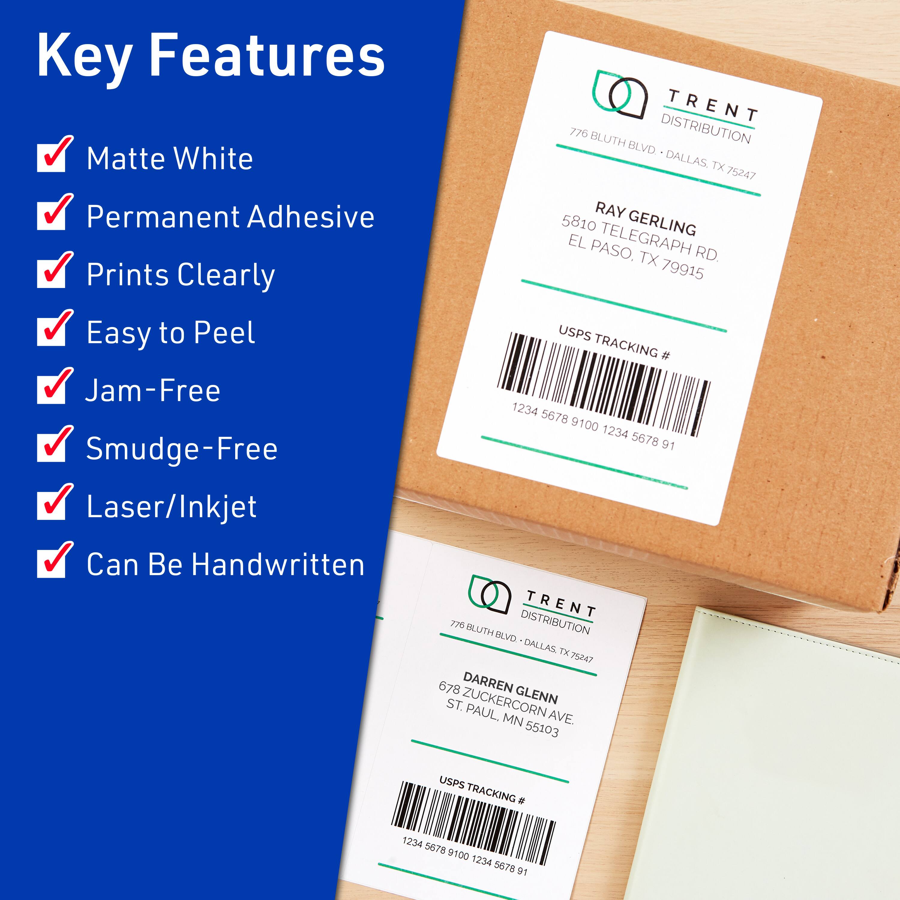 Key Features  
- Matte White  
- Permanent Adhesive  
- Prints Clearly  
- Easy to Peel  
- Jam-Free  
- Smudge-Free  
- Laser/Inkjet  
- Can Be Handwritten  

TRENT 776 BLUTH DISTRIBUTION  
776 BLUTH BLVD, DALLAS, TX 75247  

RAY GERLING  
5810 TELEGRAPH RD, EL PASO, TX 79915  

USPS TRACKING # 1234 5678 9100 1234 5678 91  

DARREN GLENN  
678 ZUCKERCORN AVE, ST. PAUL, MN 55103  

USPS TRACKING # 8 1234 5676 5678 9100 9100 1234 5675 91