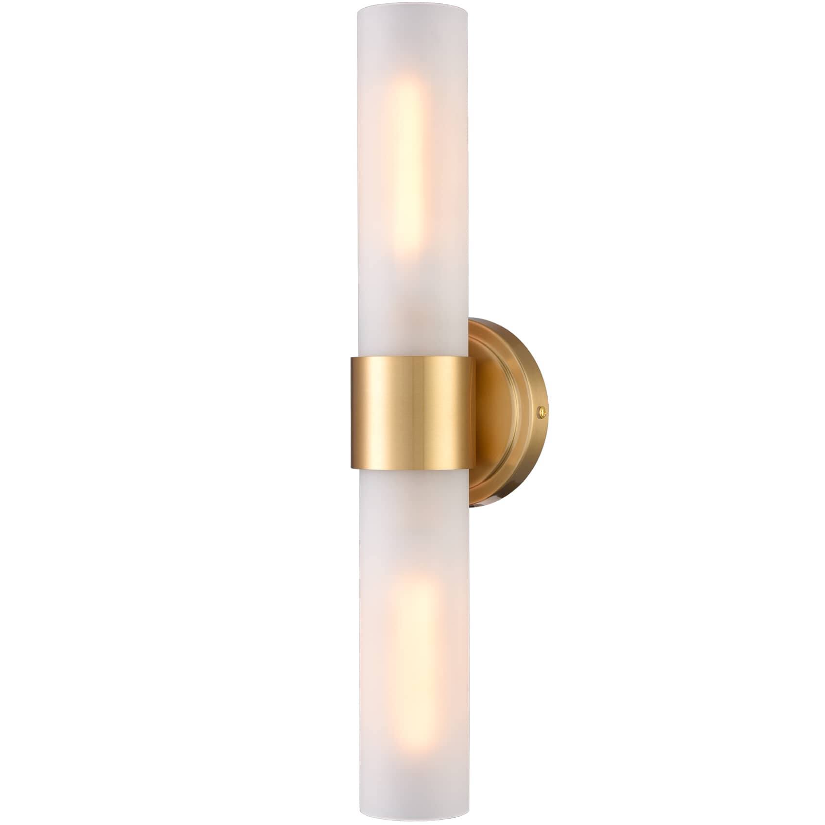 Front. MOOSE - Modern Gold Bathroom Sconces Cylinder Frosted Glass, 2-Light - Gold.