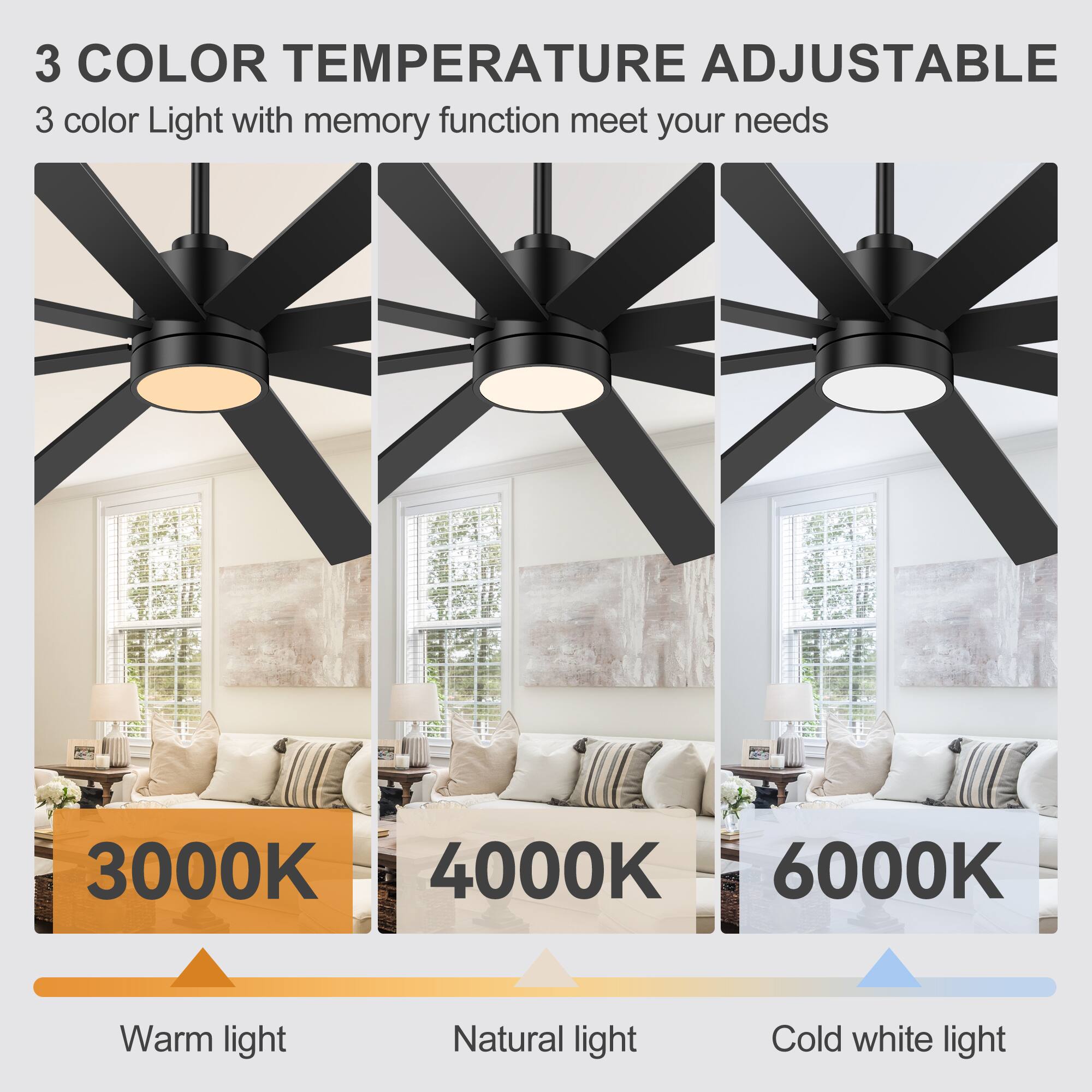 3 COLOR TEMPERATURE ADJUSTABLE  
3 color Light with memory function meet your needs  
3000K Warm light  
4000K Natural light  
6000K Cold white light