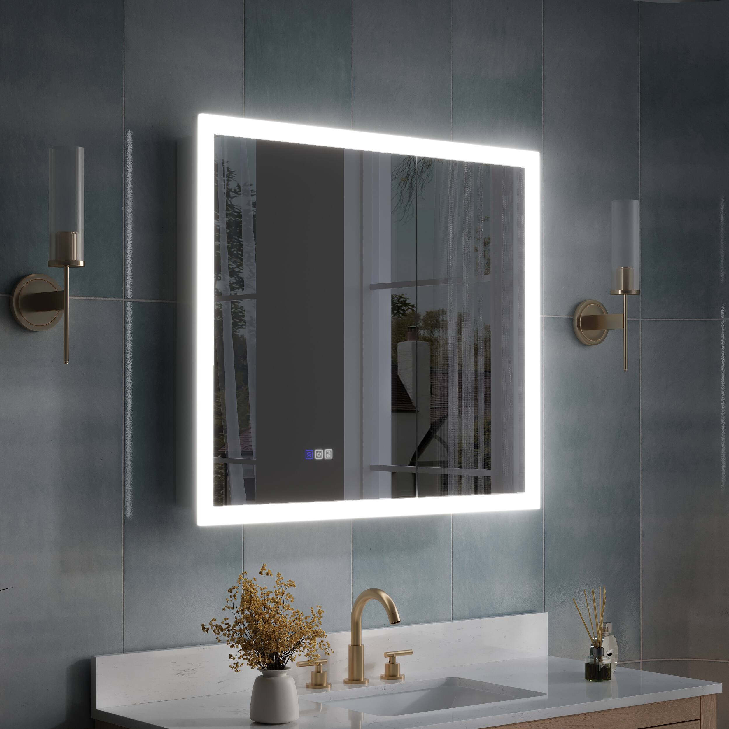 Angle. WELLFOR - 36 in. W x 32 in. H Rectangular Surface or Recessed Mount Aluminum Medicine Cabinet with Mirror - Silver.