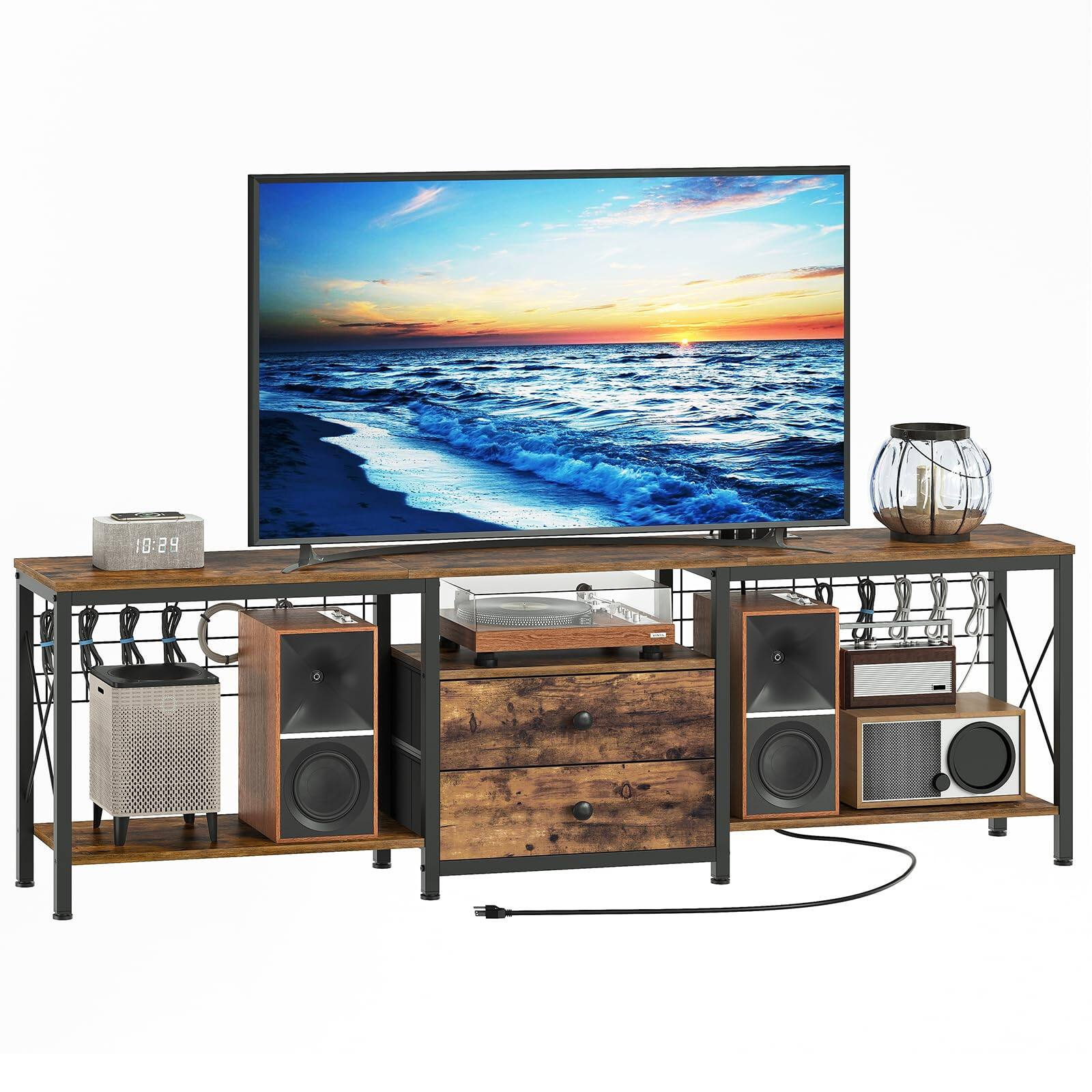 Alt View 3. Hirose Alice - Tv Stand With Power Outlet Up To 75 Inch Entertainment Center 2 Fabric Drawers Console Table Open Storage Shel... - 70.9"L x 11.8"W x 21.6"H.