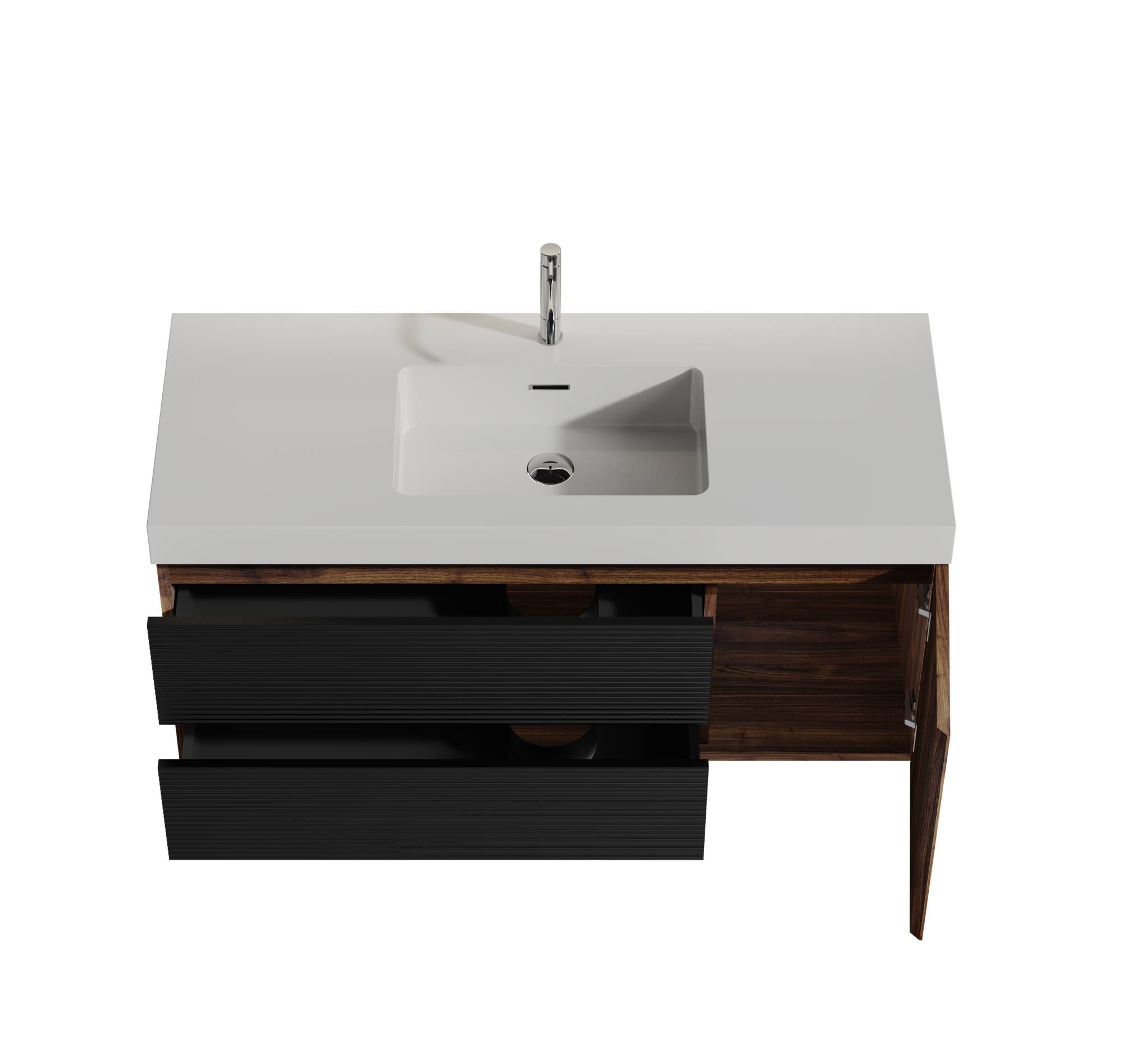 Alt View 2. Boyel Living - 48 in. Walnut Bathroom Vanity with Glossy White Solid Surface Sink, Wall Mounted Floating, Pre-Assembled - Black+Brown.