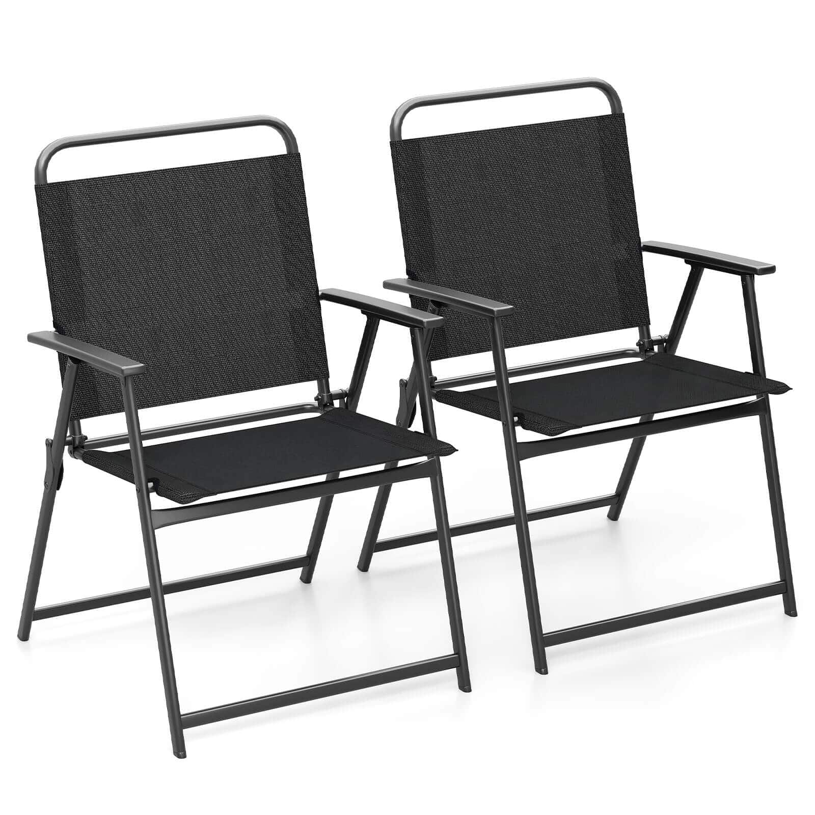 Costway - 2pcs Patio Folding Chairs Heavy-Duty Metal Frame Armrests Portable Outdoor - Black