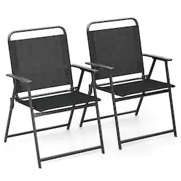 Costway - 2pcs Patio Folding Chairs Heavy-Duty Metal Frame Armrests Portable Outdoor - Black