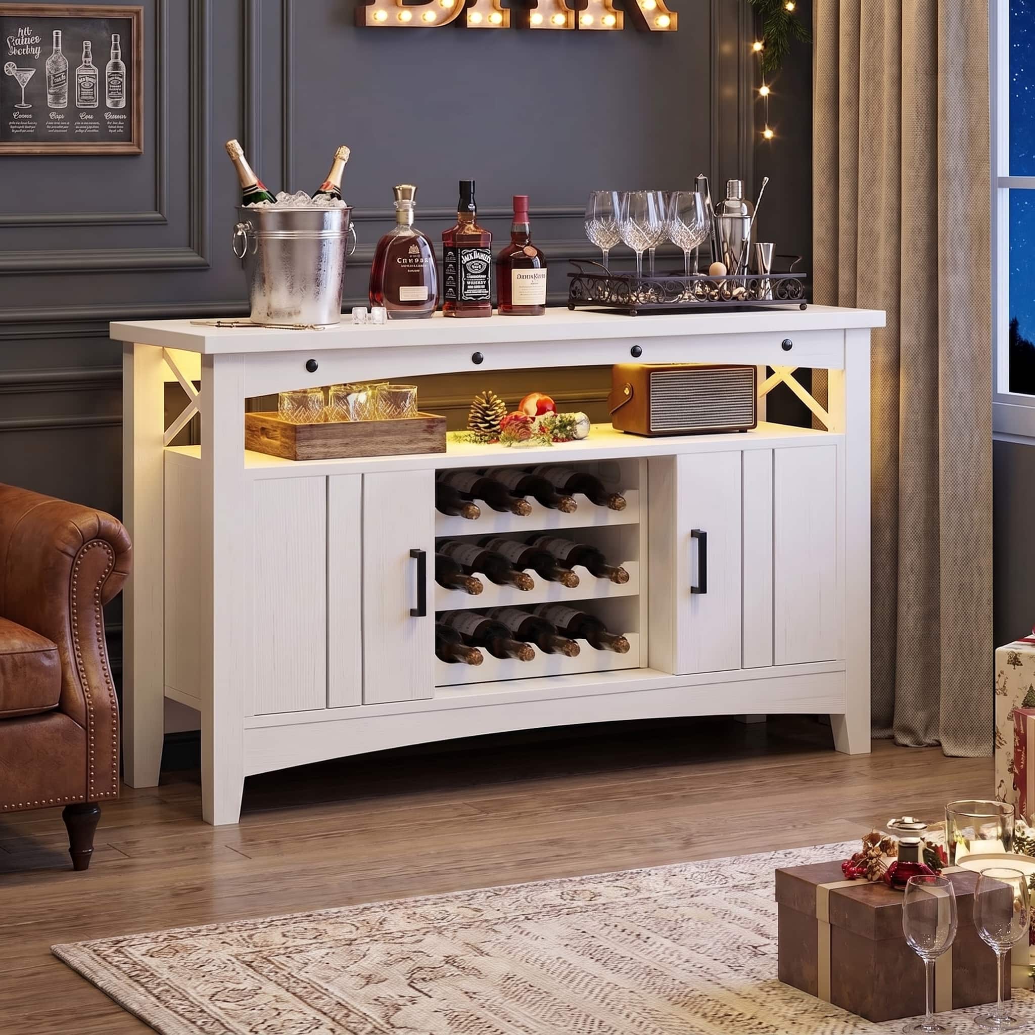 Aheaplus - Wine Cabinet with Charging Station and LED Lights, Liquor Cabinet with Movable Wooden Wine Rack - White