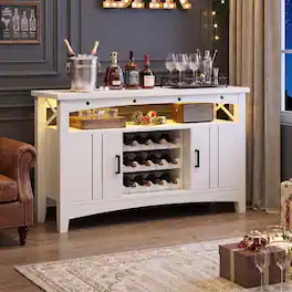 Aheaplus - Wine Cabinet with Charging Station and LED Lights, Liquor Cabinet with Movable Wooden Wine Rack - White