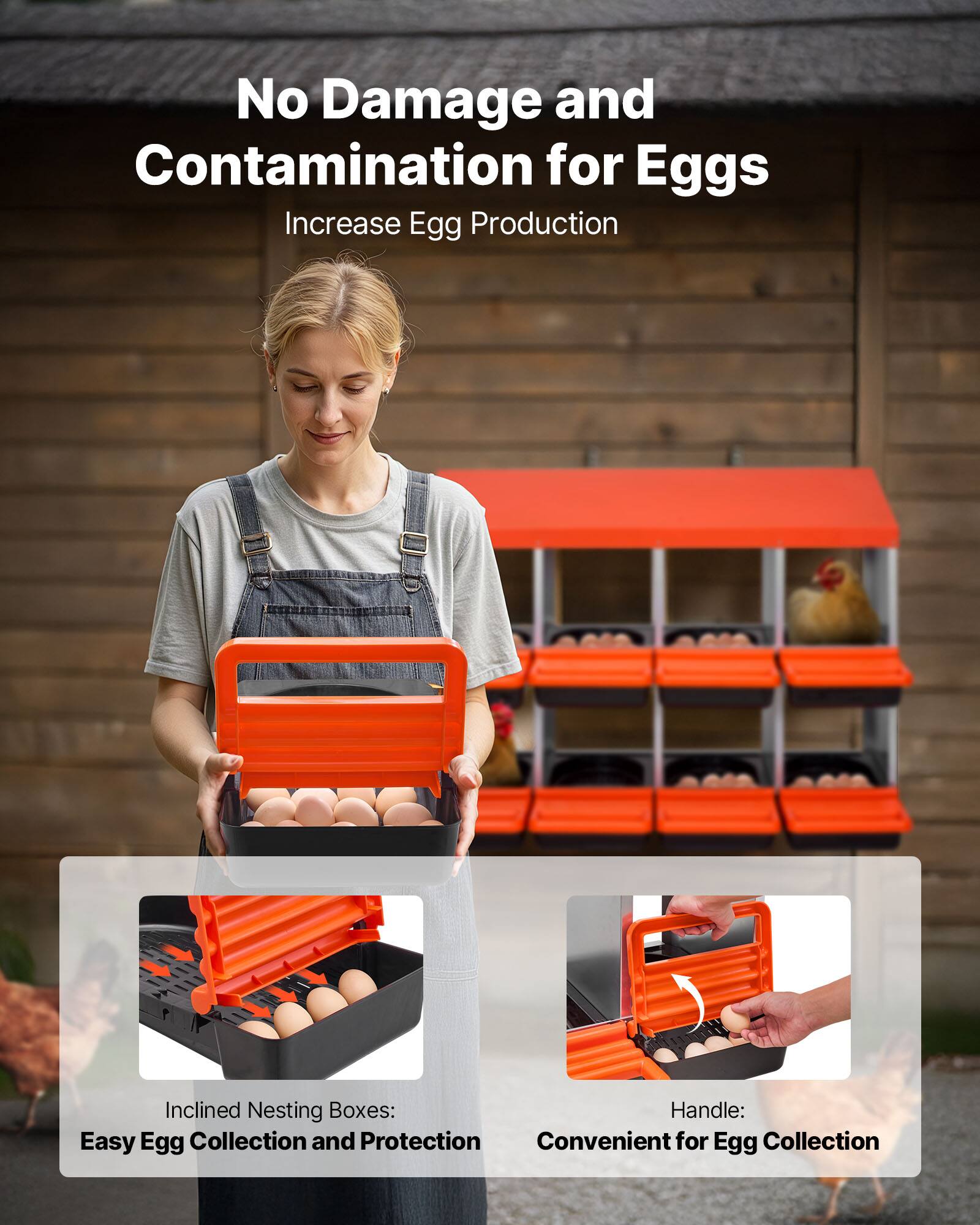 No Damage and Contamination for Eggs  
Increase Egg Production  

Inclined Nesting Boxes:  
Easy Egg Collection and Protection  

Handle:  
Convenient for Egg Collection