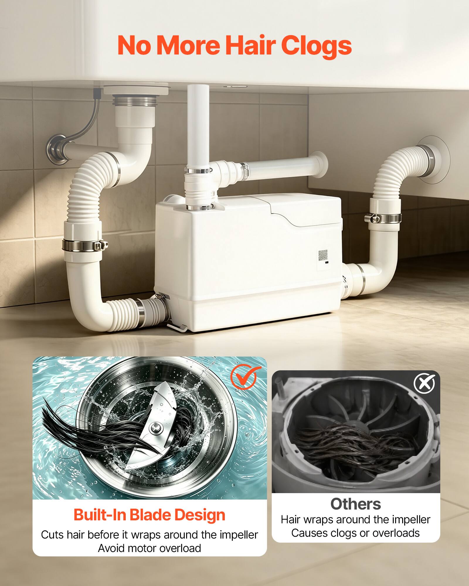 No More Hair Clogs

Built-In Blade Design Cuts hair before it wraps around the impeller Avoid motor overload

Others Hair wraps around the impeller Causes clogs or overloads