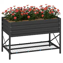 Outsunny - Raised Garden Bed, Metal Planter Box with Legs, Storage Shelf and Bed Liner - Dark Gray