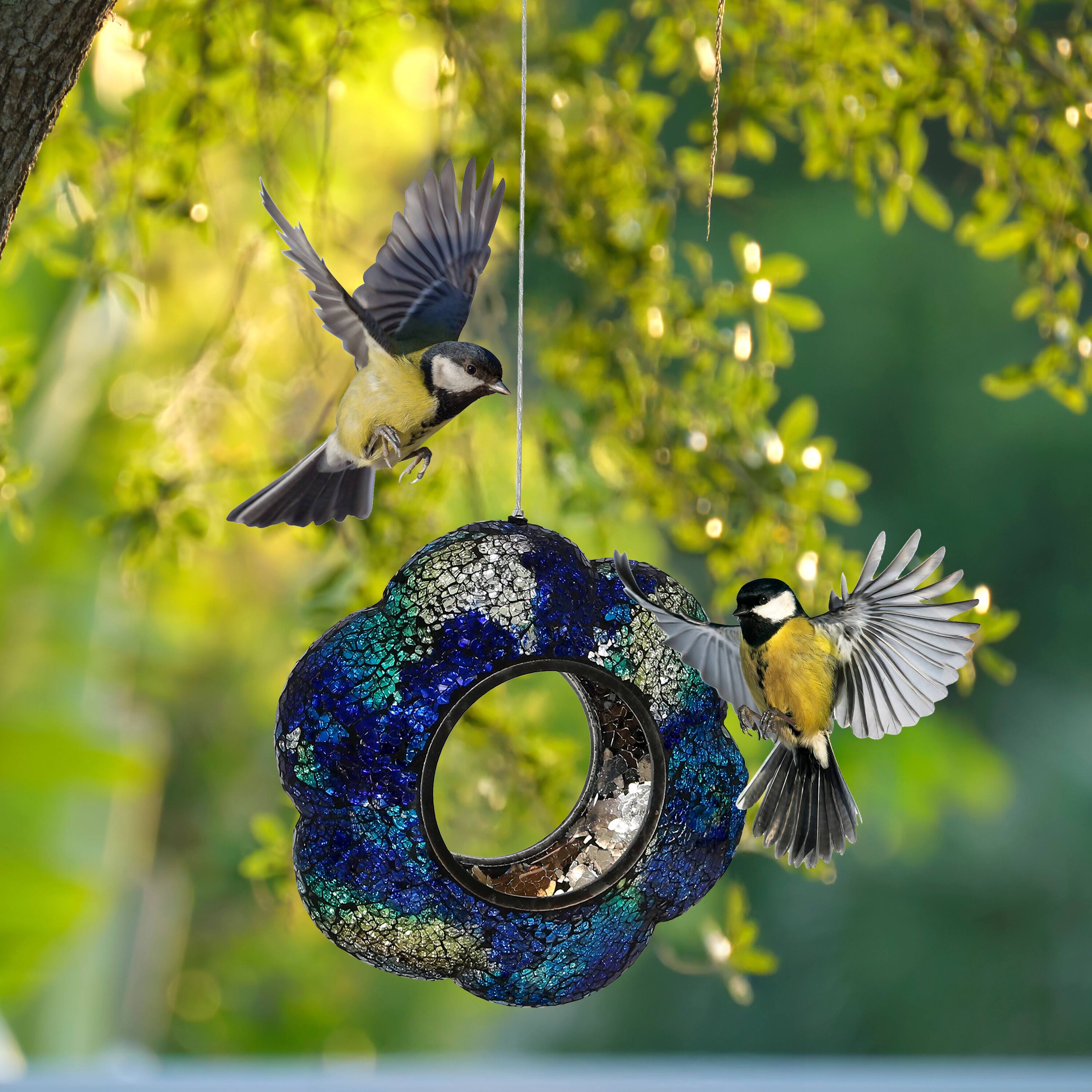 Alt View 9. Sunnydaze - Glass Fly-Through Hanging Bird Feeder - 10 in - Indigo Flower Mosaic.