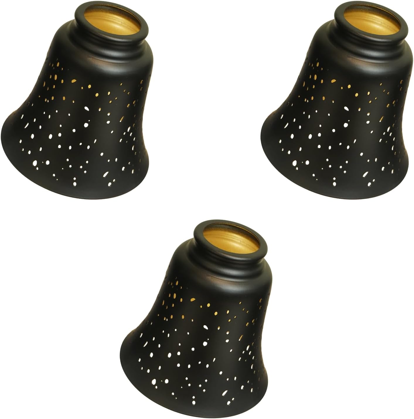 Front. Alucset - Ceiling Fan Light Covers, 3 Pack Pendant Light Shade Replacement, Metal Bell Shaped Cover for Chandelier Pendant Light - Black & Gold.