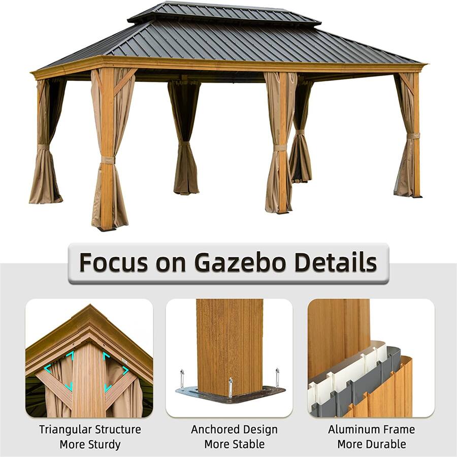 Triangular Drop Ceiling Loheer 12x18 Hardtop Gazebo, Wood Look Aluminum Frame, Galvanized Steel ...