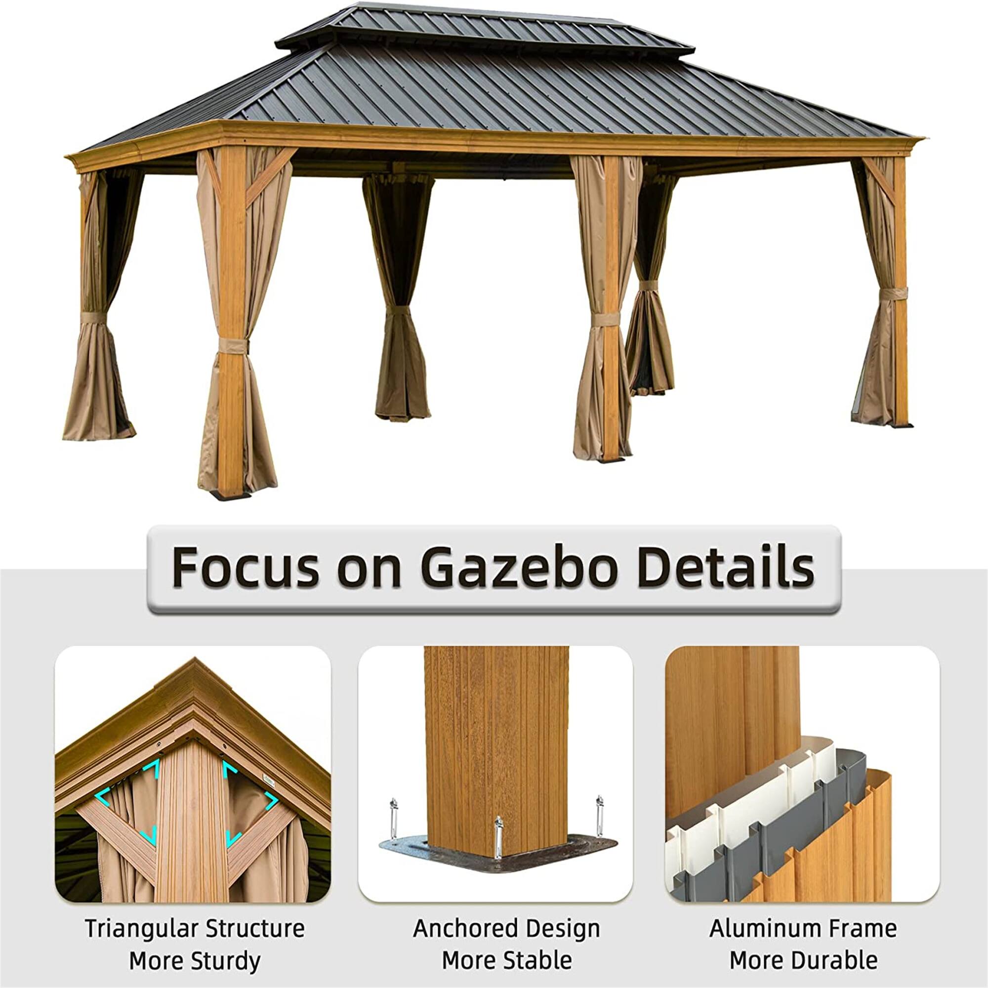 Focus on Gazebo Details

- Triangular Structure: More Sturdy
- Anchored Design: More Stable
- Aluminum Frame: More Durable