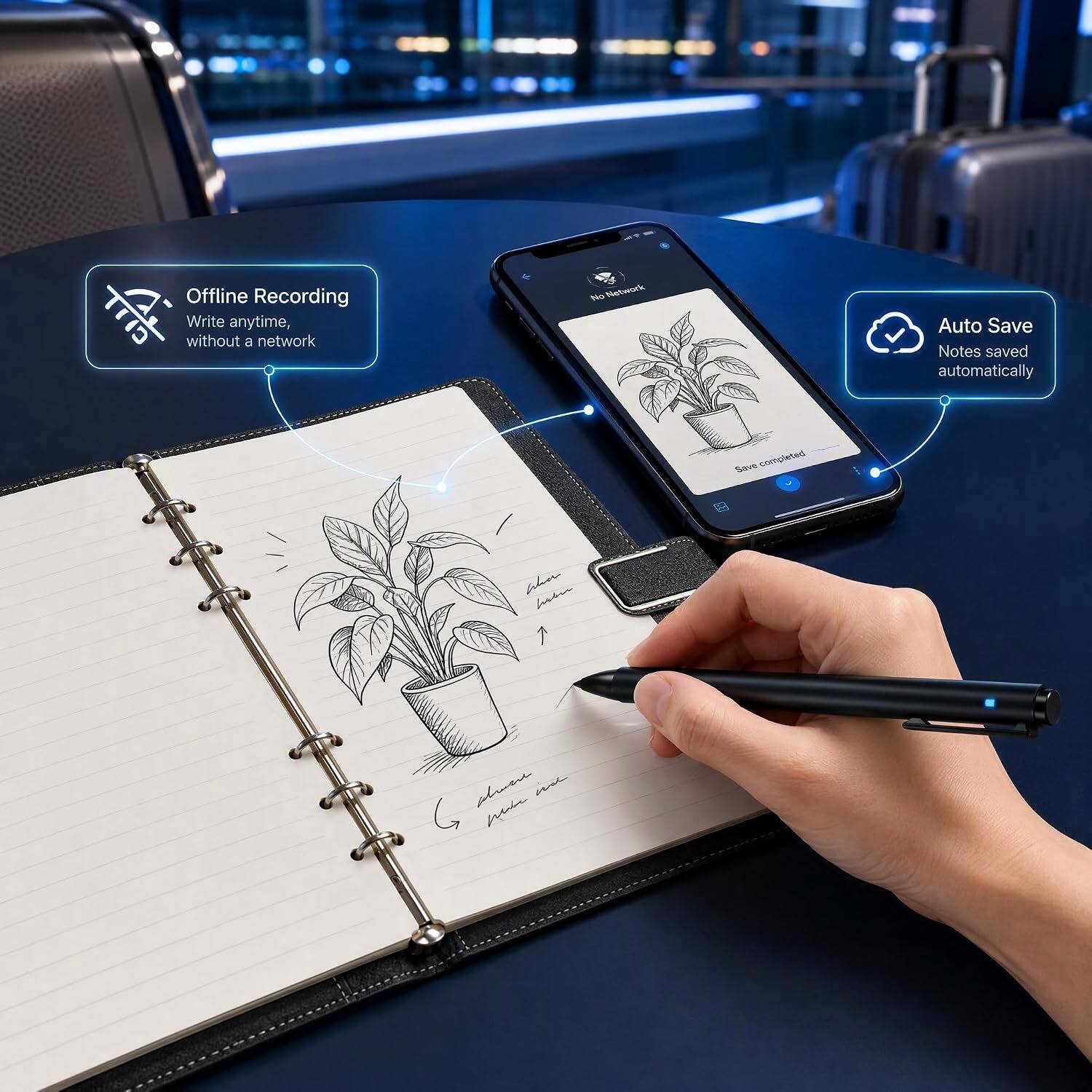 Offline Recording  
Write anytime, without a network

No Network

Auto Save  
Notes saved automatically

Save completed