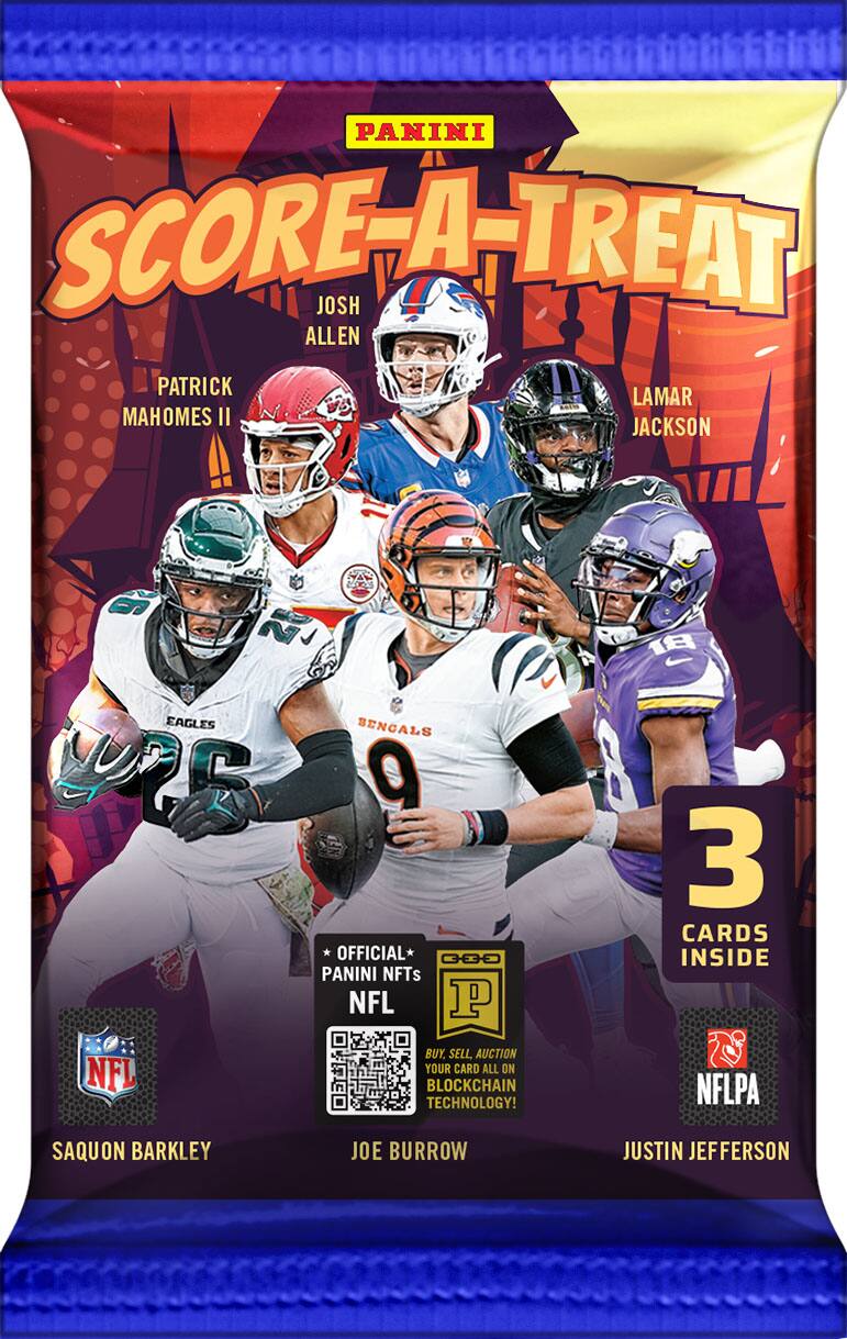 PANINI SCORE-A-TREAT JOSH ALLEN PATRICK MAHOMES II LAMAR JACKSON

W EAGLES SENCALS 25 9

OFFICIAL* PANINI NFTs NFL P 18 1 3 CARDS INSIDE

NFL BUY, SELL, AUCTION YOUR CARD ALL ON BLOCKCHAIN TECHNOLOGY! NFLPA

SAQUON BARKLEY JOE BURROW JUSTIN JEFFERSON