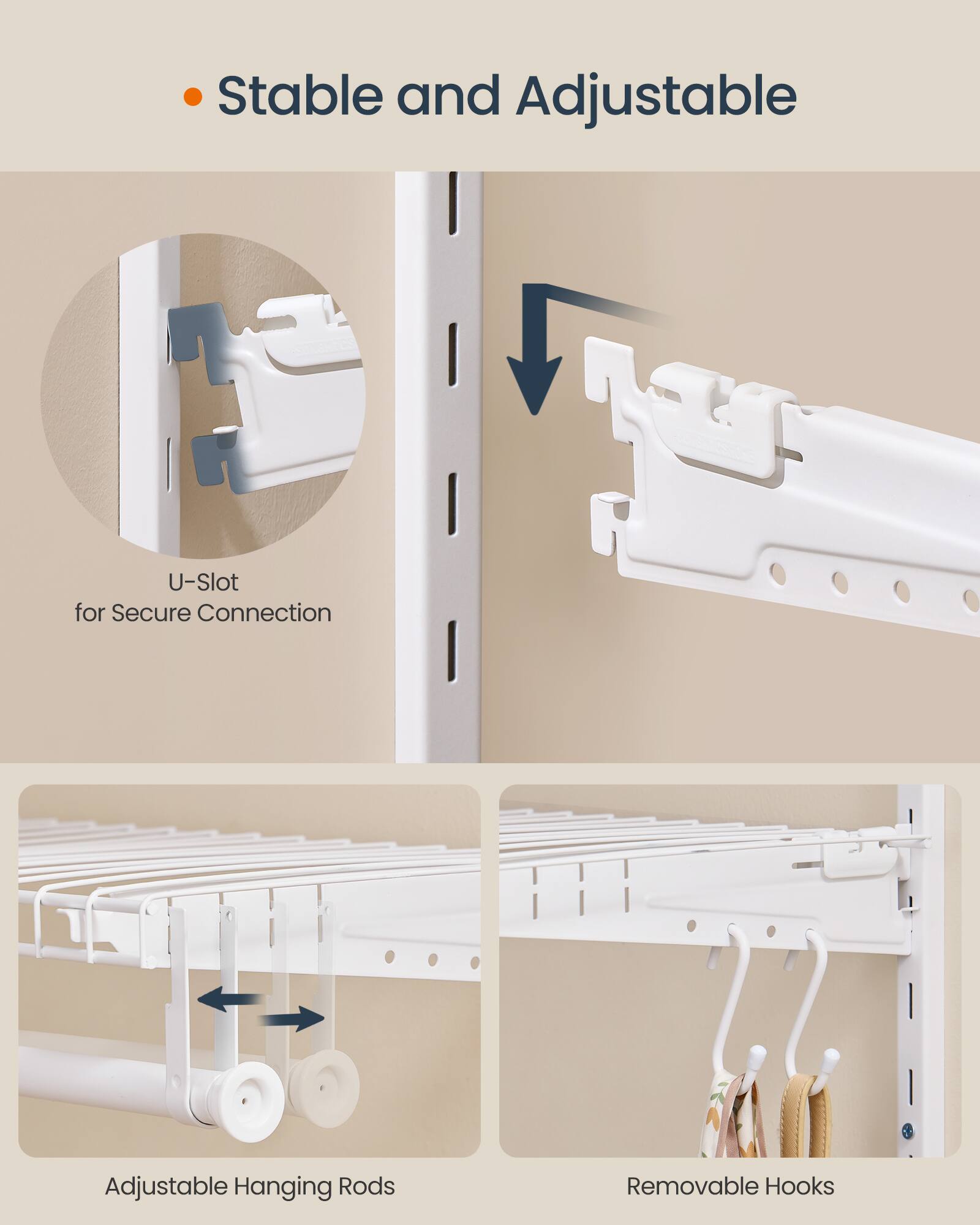 Stable and Adjustable U-Slot for Secure Connection Adjustable Hanging Rods Removable Hooks